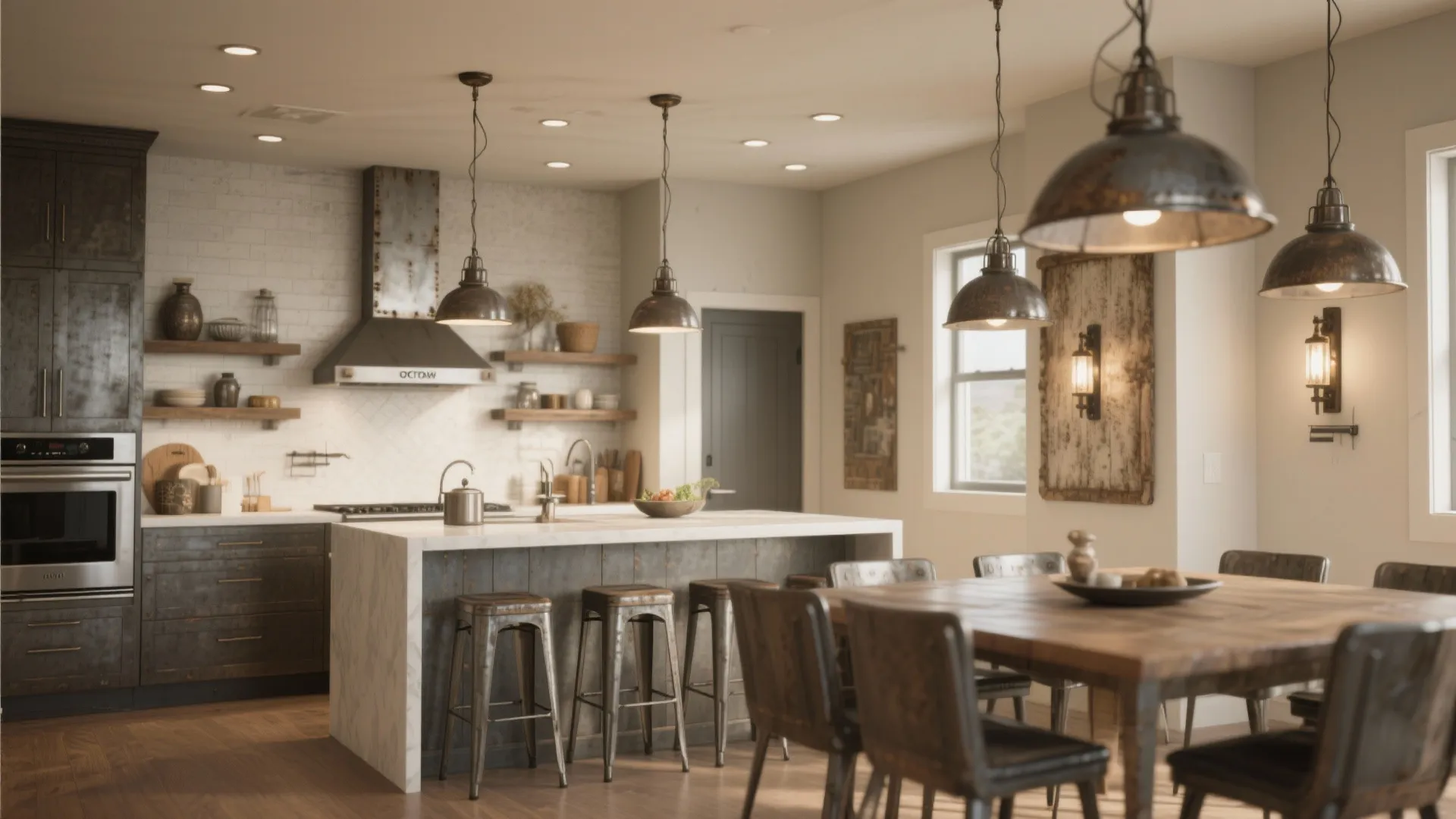 Industrial kitchen and dining area with dark wood cabinets metal bar stools and ceiling lights