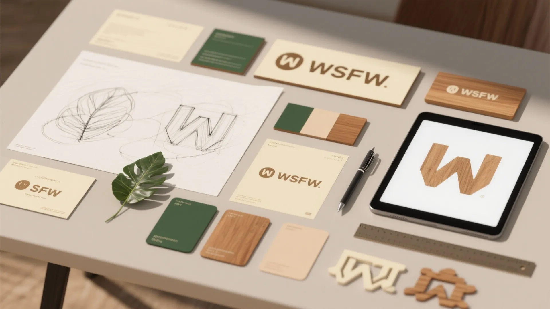 Interior design branding kit with wood logo business cards sketches green leaf and a tablet