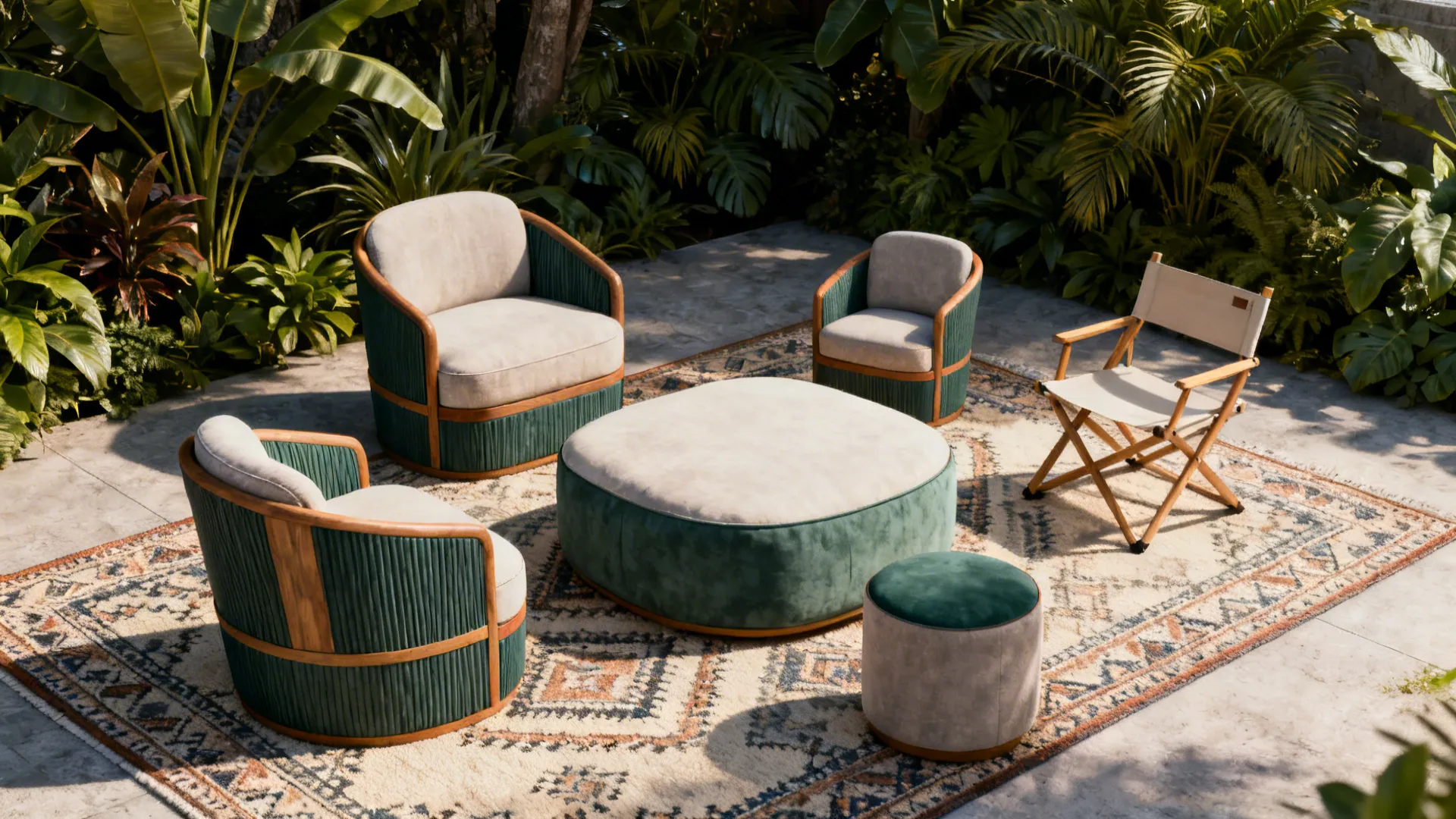 Outdoor patio featuring green chairs, large central footrest, patterned rug, folding chair, and tropical plants