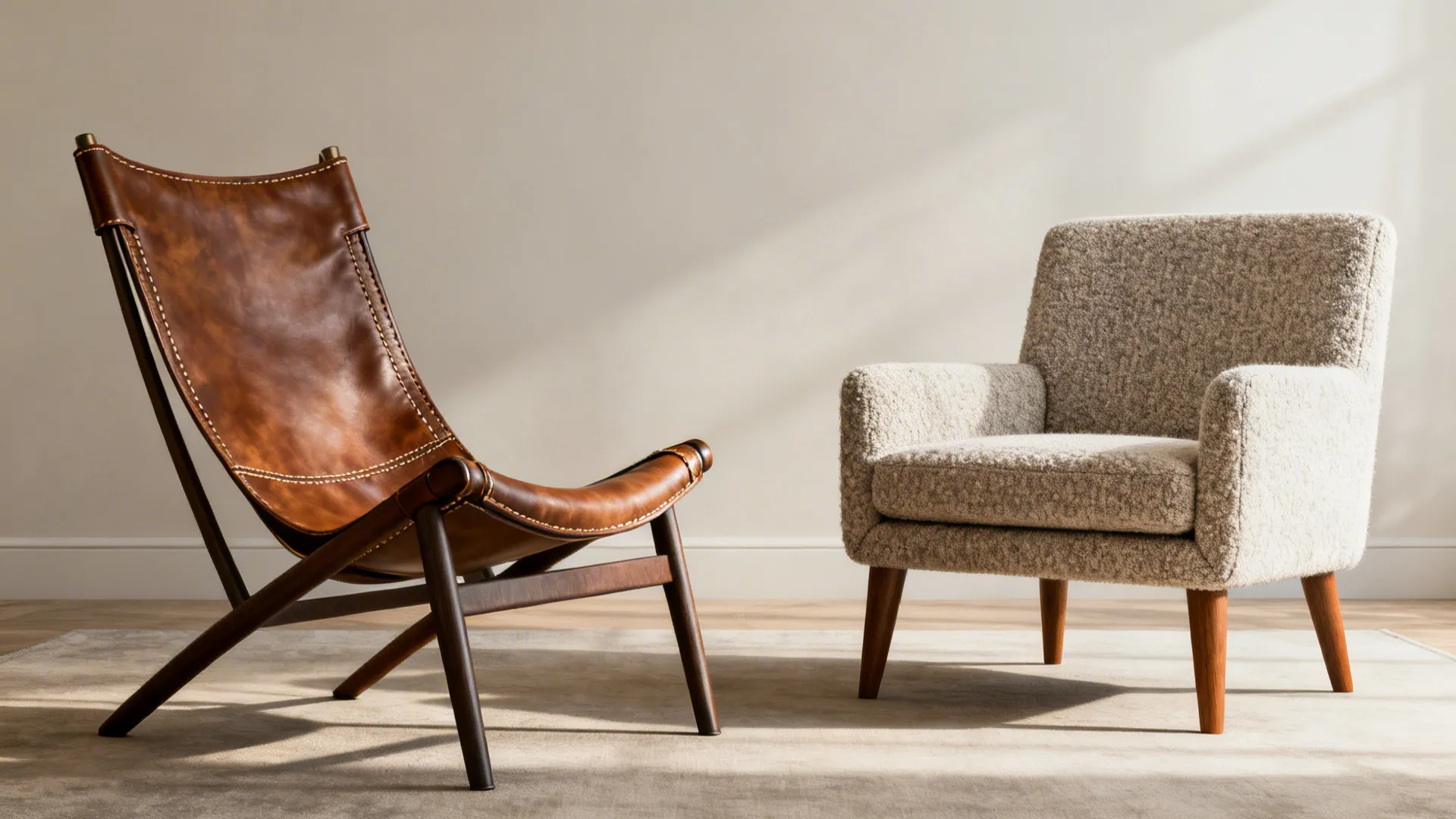 Pair of mixed-style accent chairs—leather sling and boucle—matched by height and leg tone.
