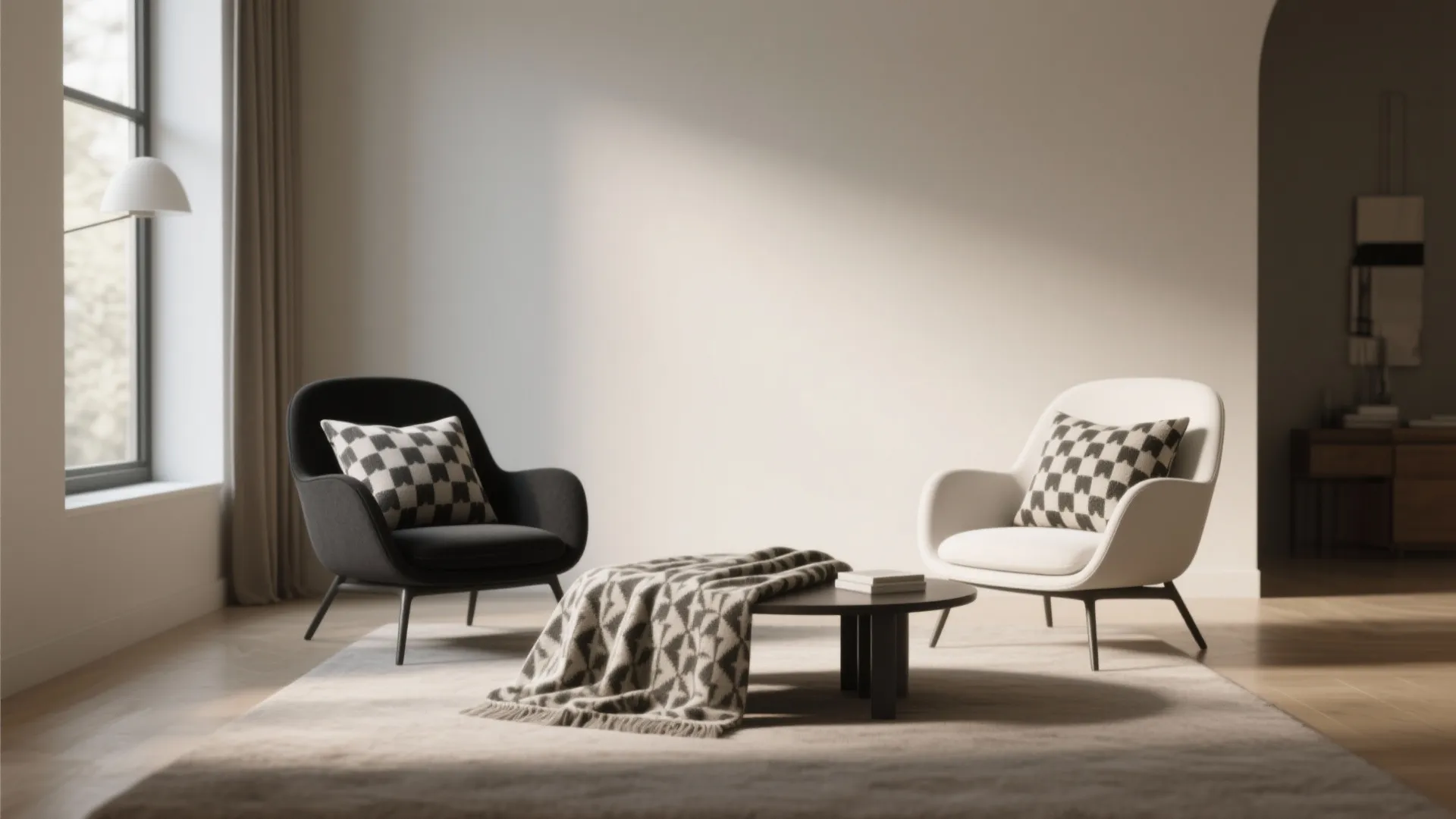 Black and white chairs with checkered pillows near a round coffee table on large rug