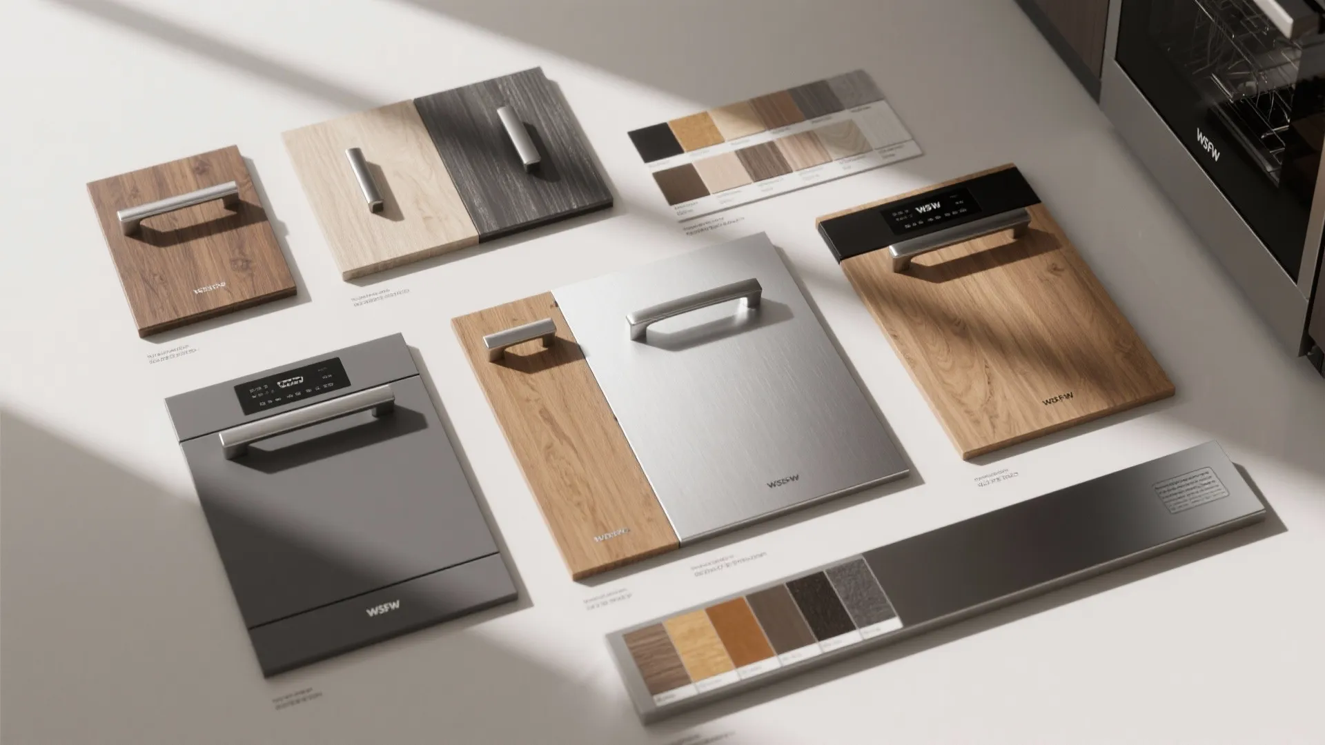 Flatlay of panel samples, handles, and toe-kick mockups to unify mismatched dishwasher finishes.