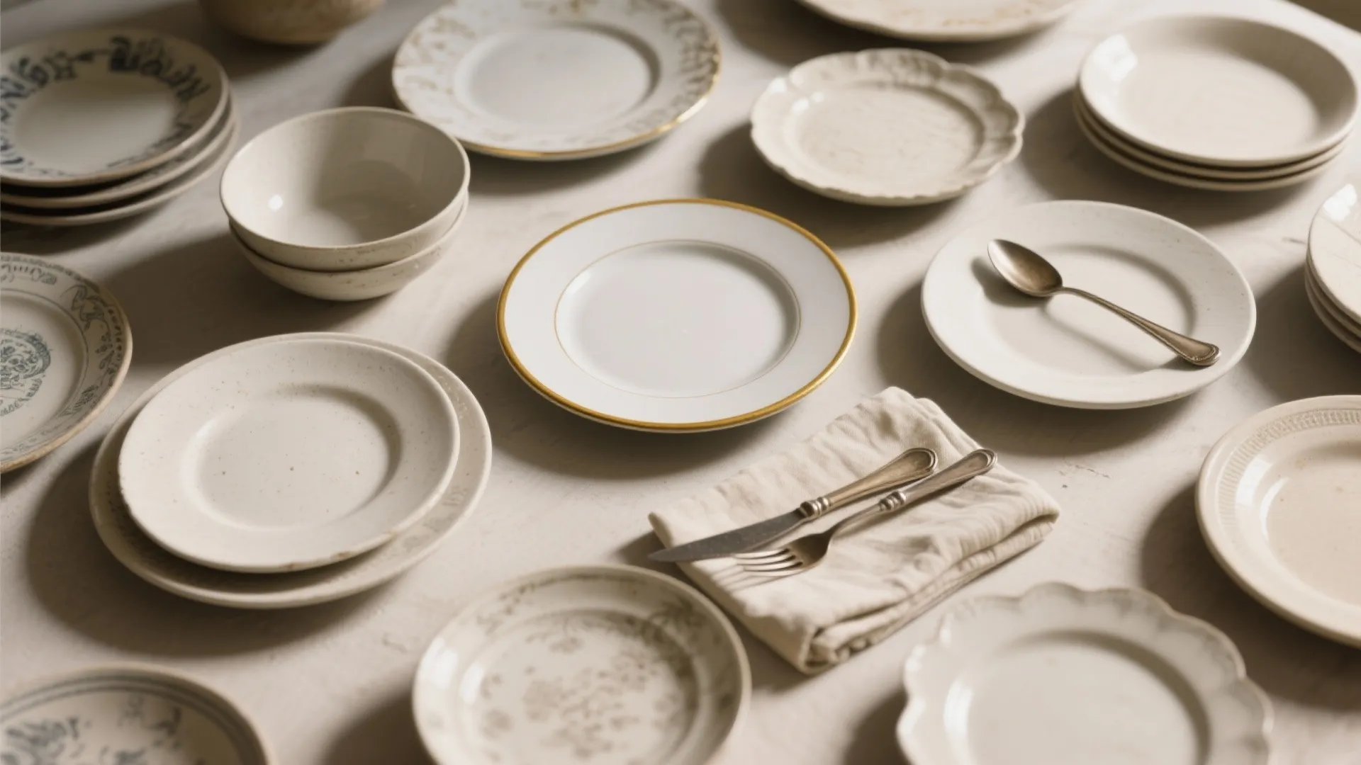 Collection of various white and patterned ceramic plates bowls and silver cutlery on white surface