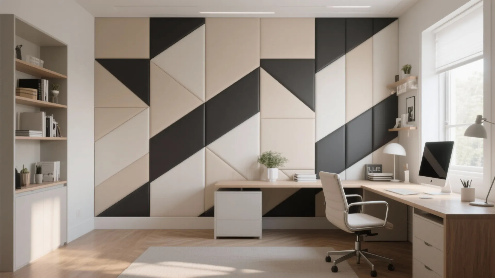 Home office with geometric pattern wall panels wooden desk white chair and a large computer monitor