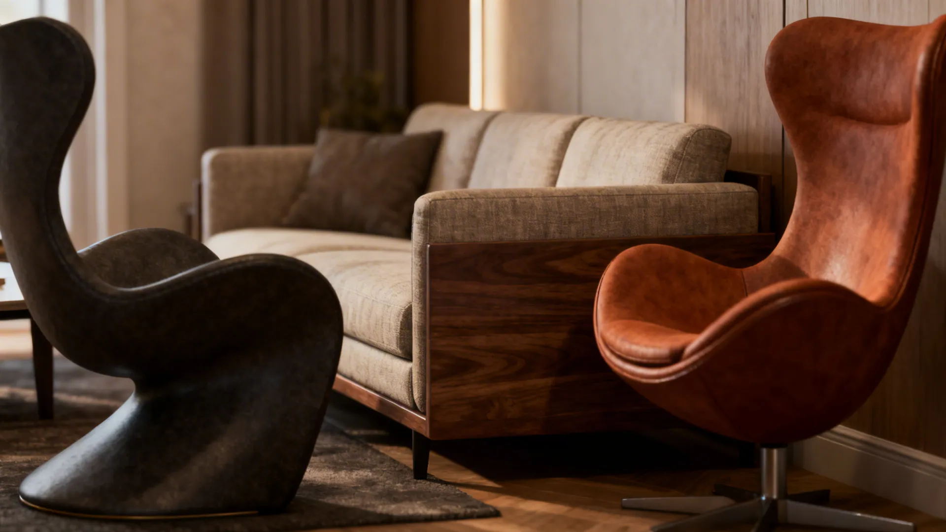 Close-up of a compact sofa paired with two sculptural chairs showing texture and scale contrast.