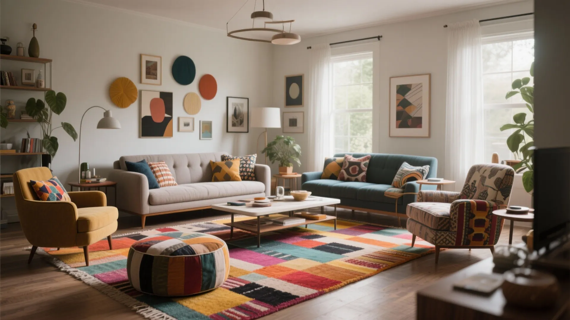 Eclectic living room with loveseat, armchairs, and ottoman