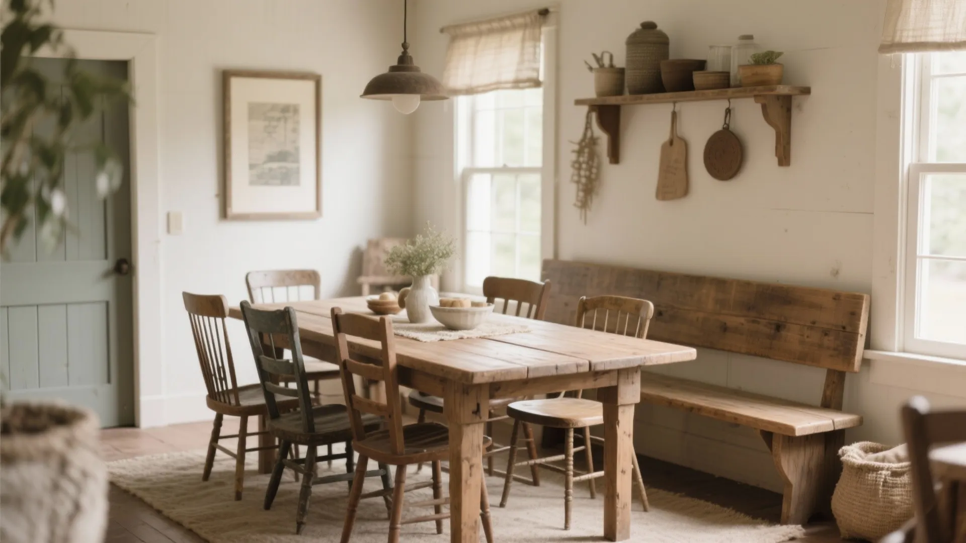 Farmhouse dining table with a bench and mismatched chairs