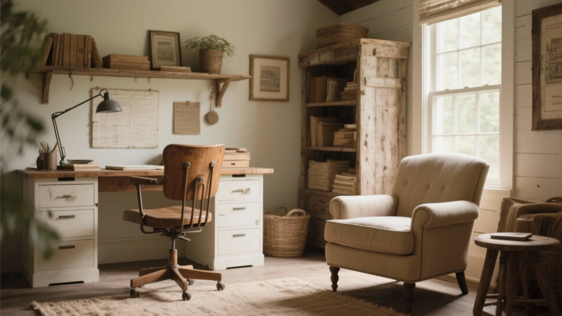Vintage home office with wooden desk and chair next to a comfortable beige fabric armchair