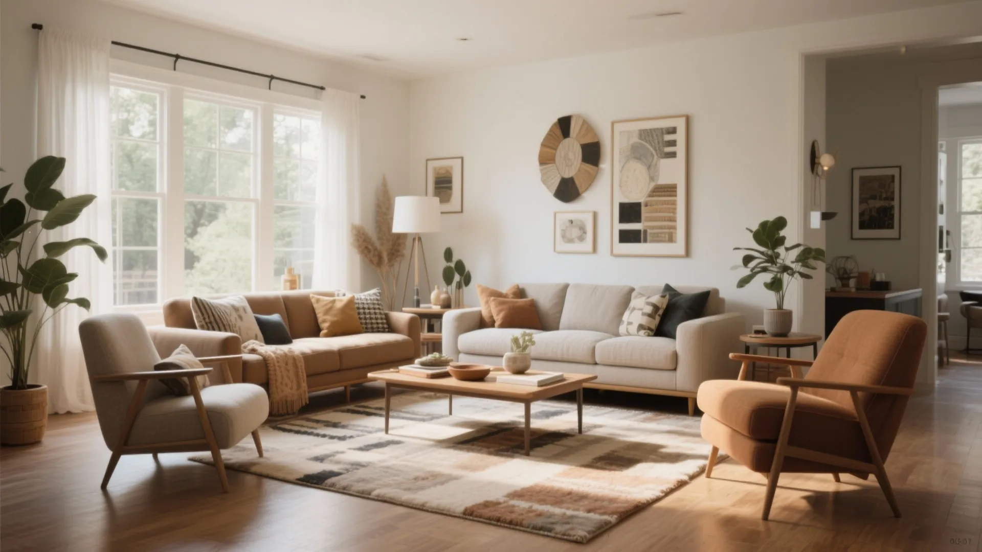 Bright living room with mixed sofas colorful armchairs wooden coffee table rug plants and art