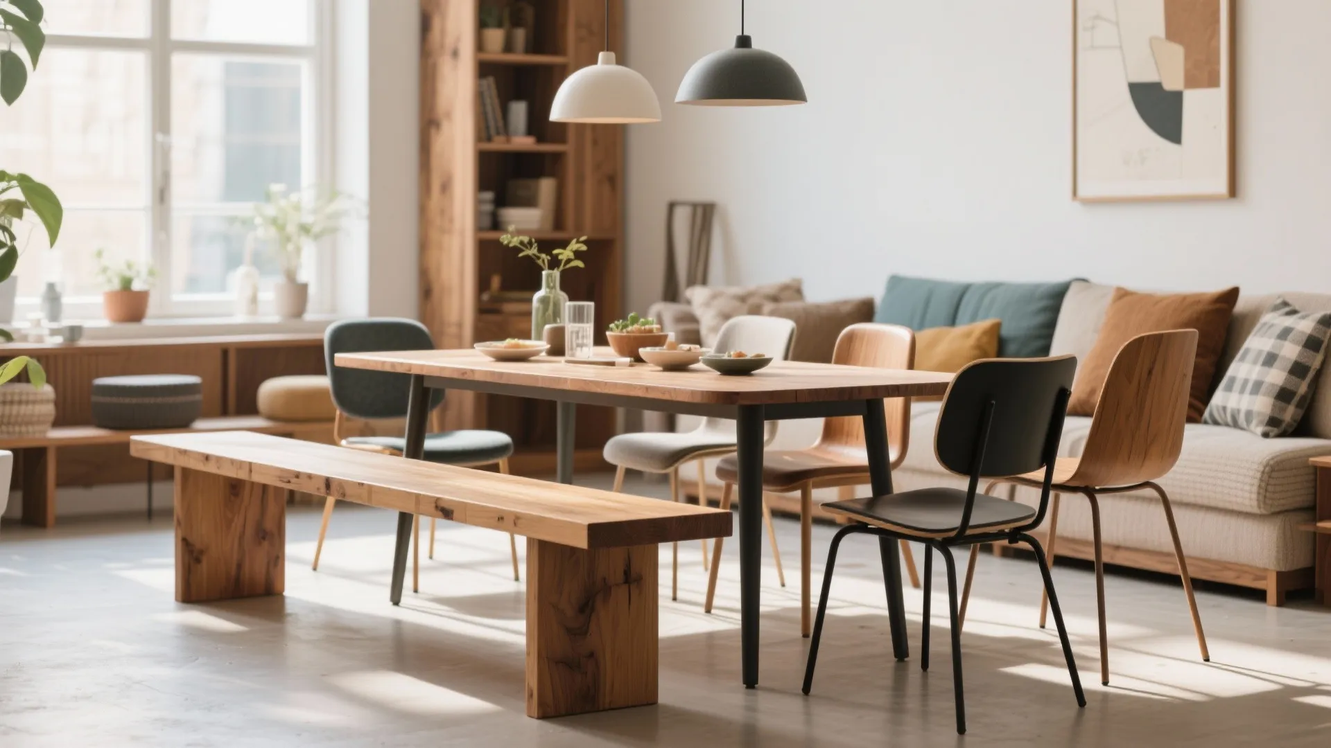 Modern dining area featuring wooden table with long bench and mixed style chairs in apartment