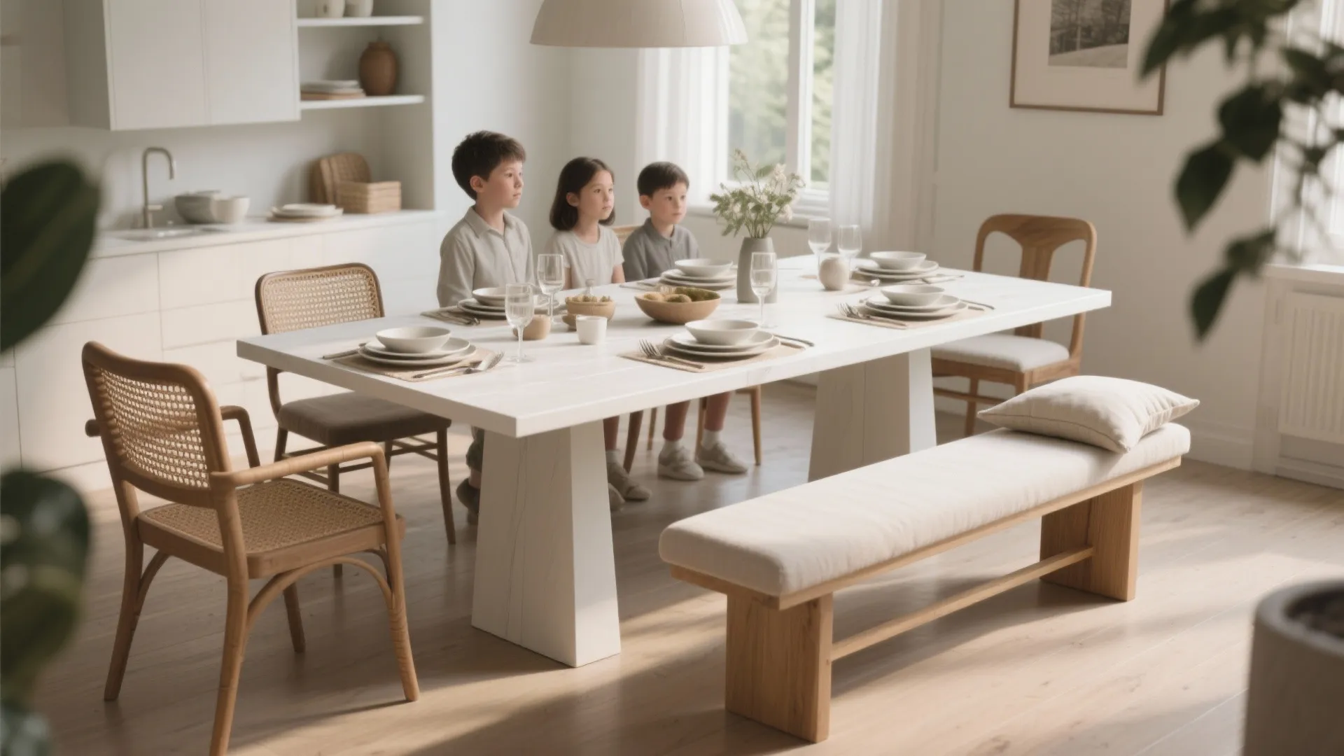 Modern bright dining room with large white table three children sitting on chairs and bench