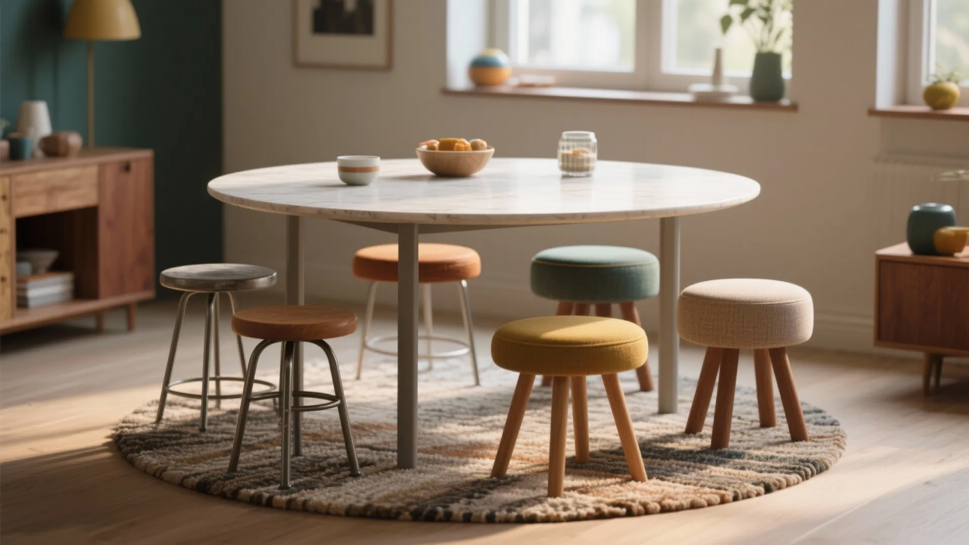 Round marble dining table surrounded by colorful small stools on a patterned rug in sunlit room
