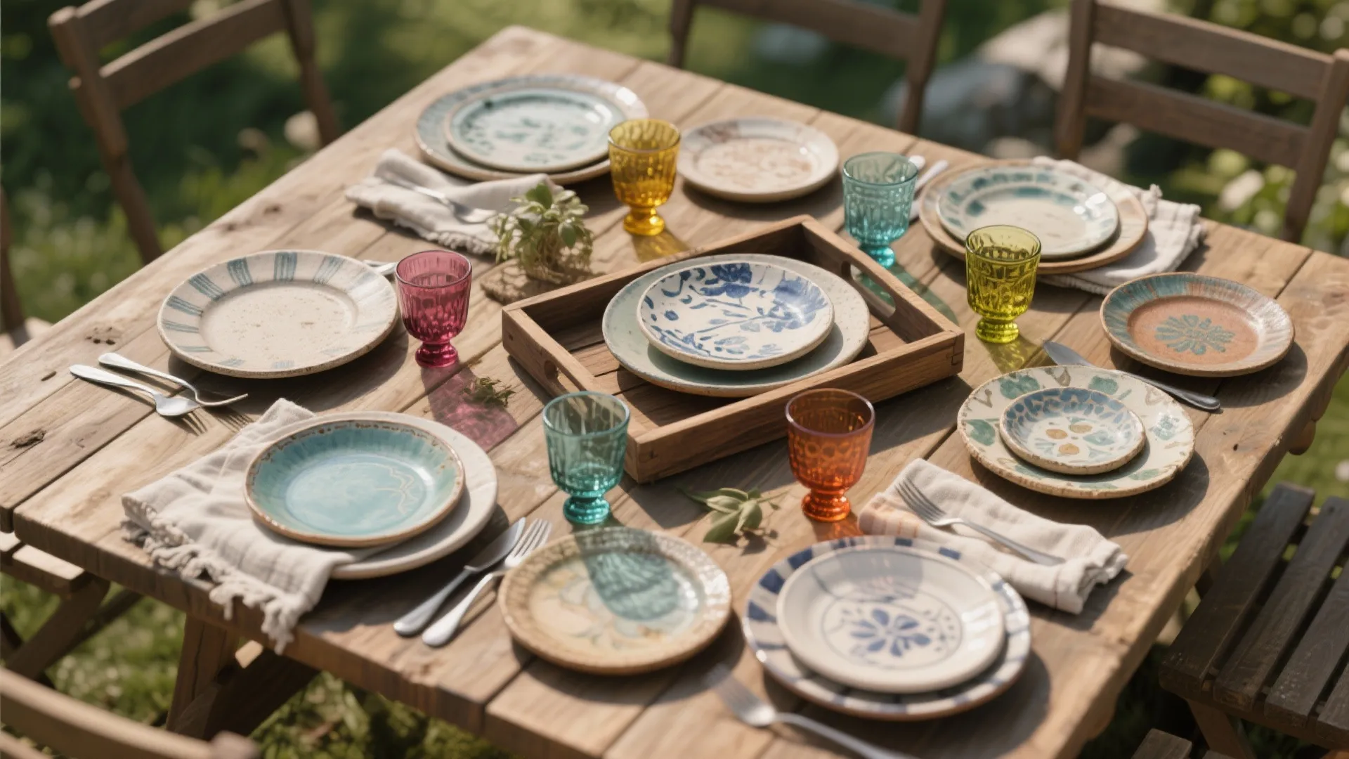 Rustic wooden outdoor table set with colorful patterned plates, tinted glasses, napkins, and silver cutlery