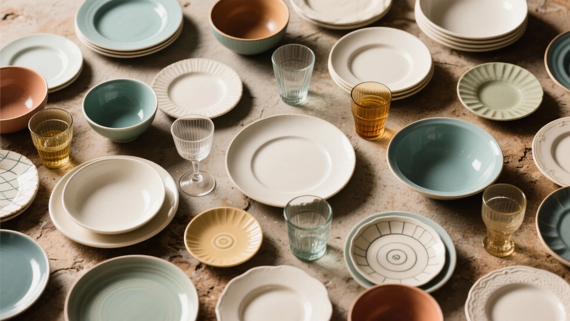 Collection of colorful ceramic plates, bowls, and drinking glasses scattered across a neutral textured tabletop
