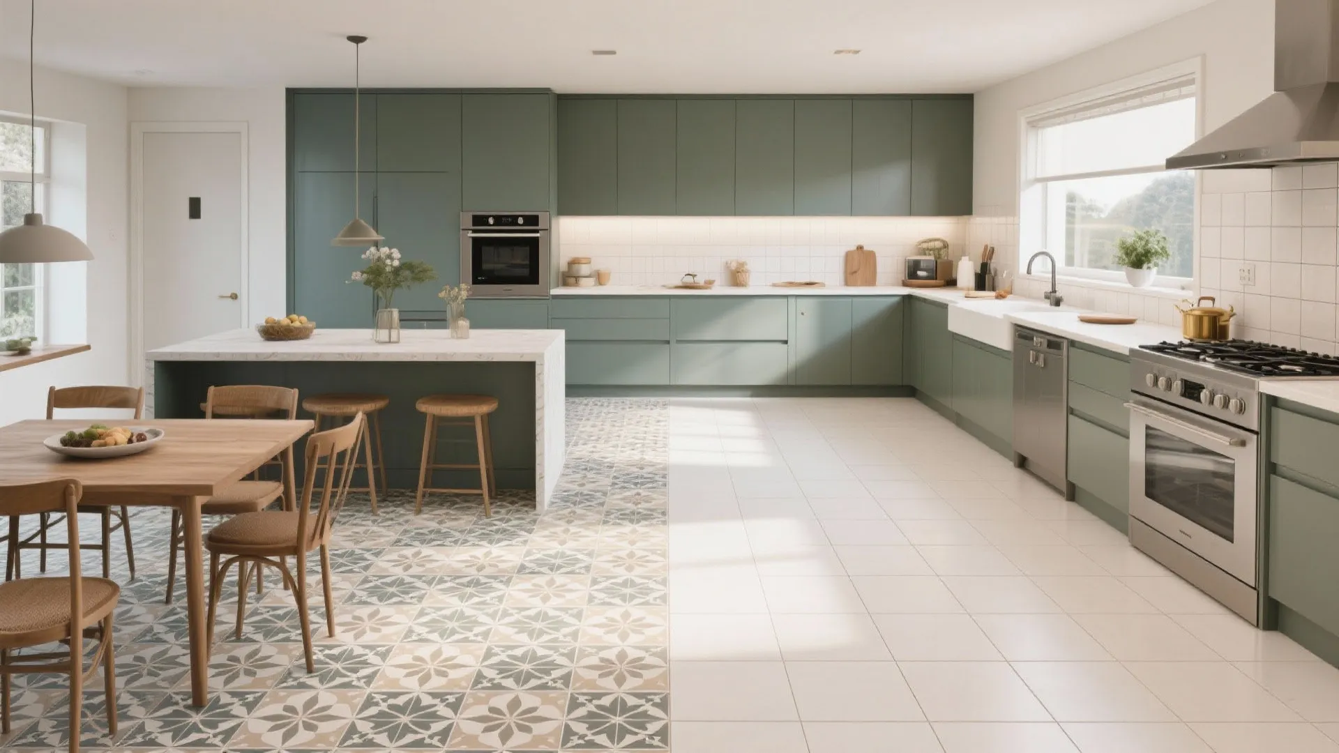 Large green kitchen with floral floor tiles next to plain white tiles and wooden dining table