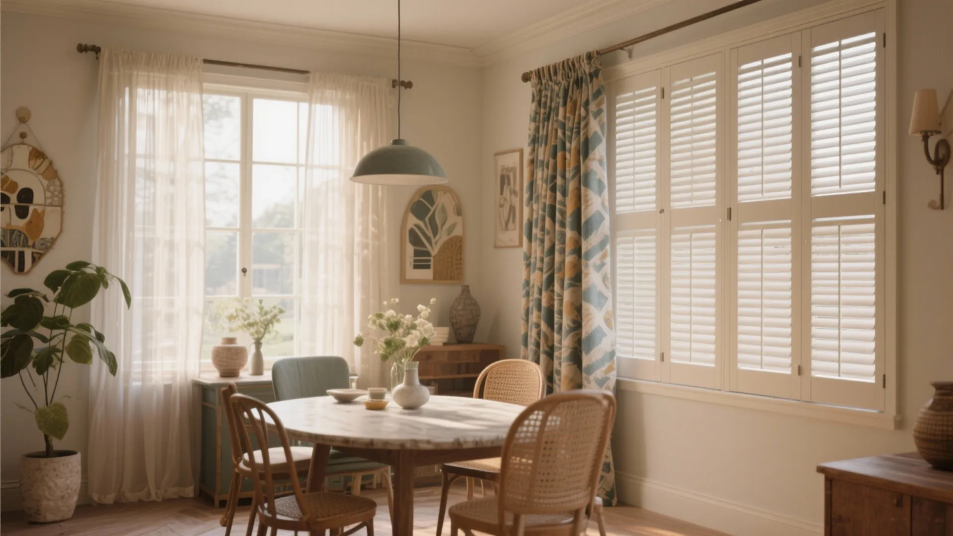 Dining room with mixed window treatments creating unique style