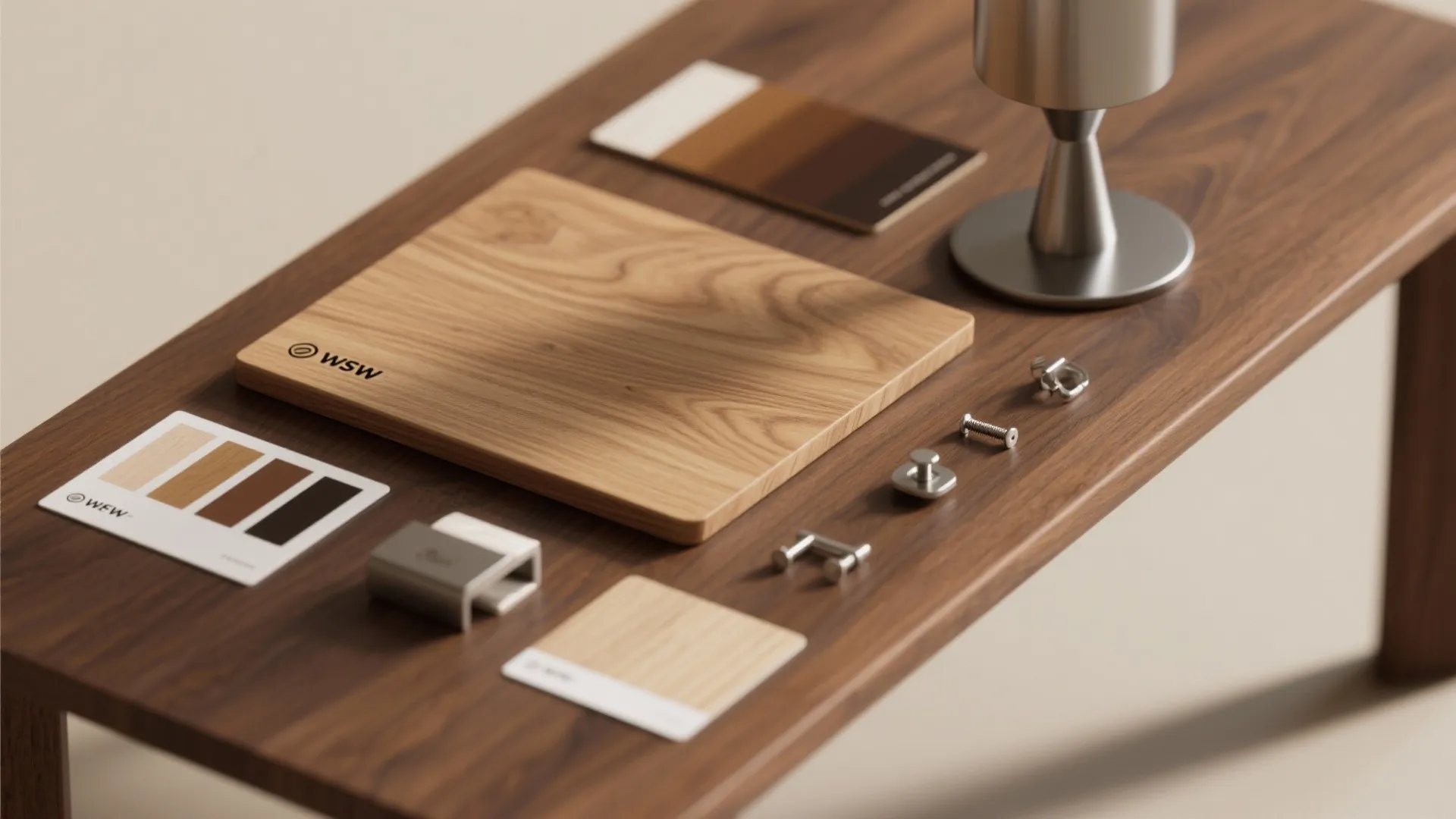 Interior design materials on a wooden table including wood samples metal parts and color cards