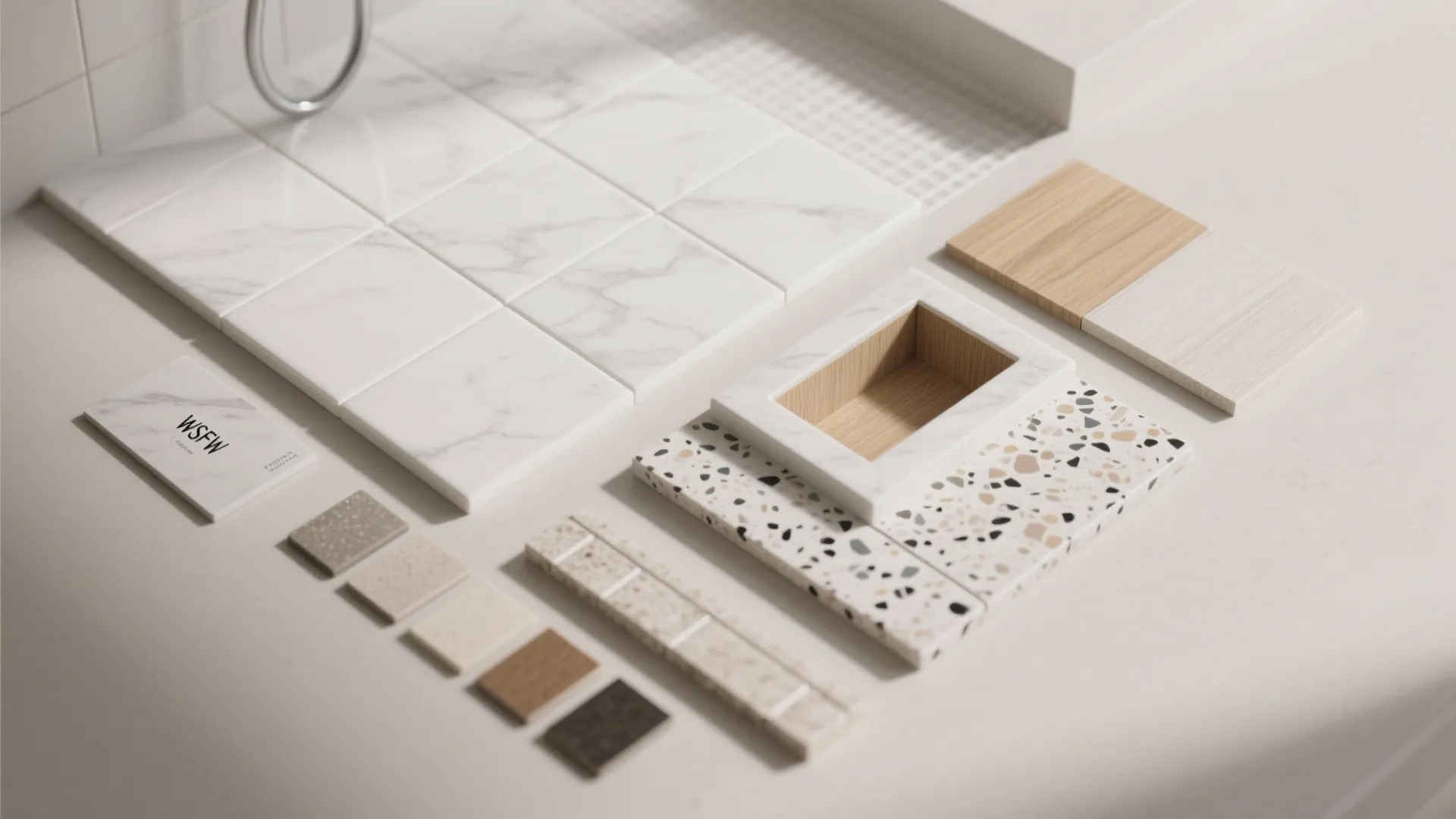 5) Mix materials: white tile with marble or wood-look accents