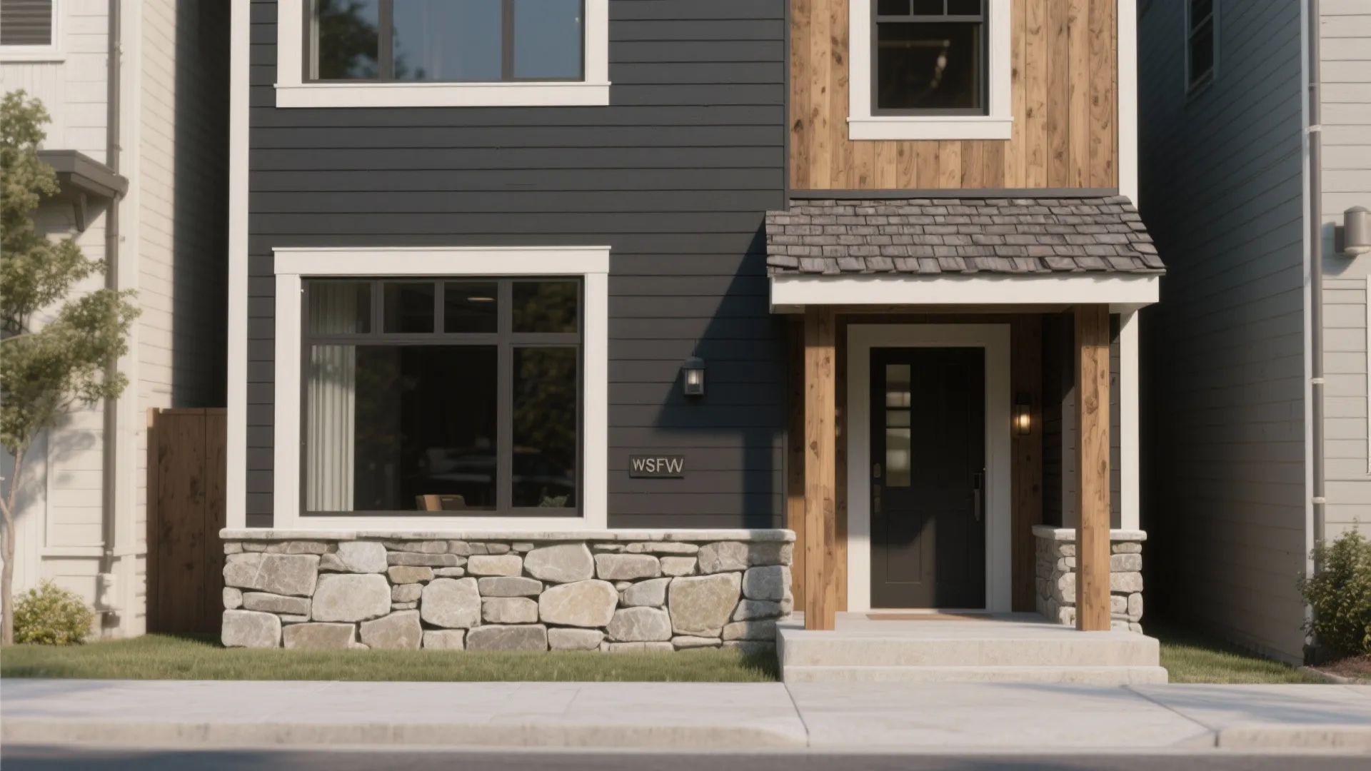 Modern house exterior with dark siding wood panels stone base large window and covered porch