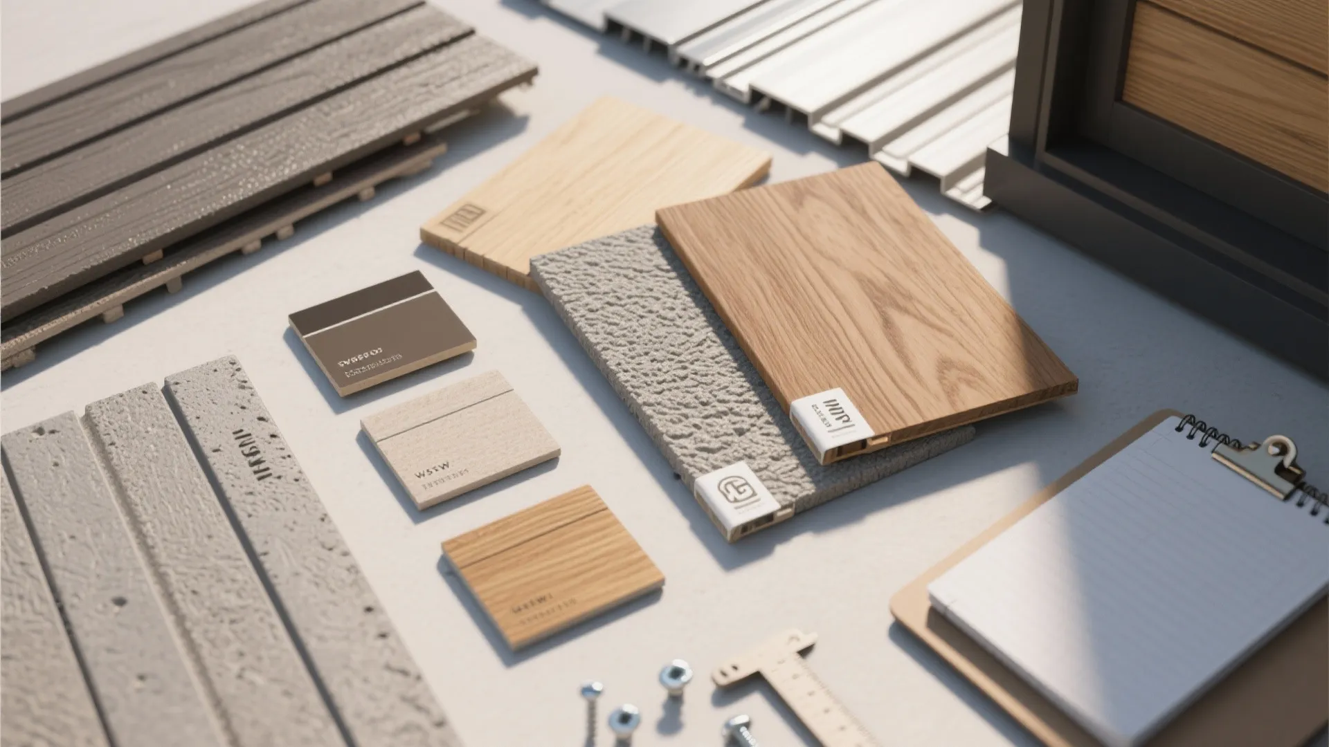Collection of various interior design material samples including wood panels stone tiles and metal hardware pieces