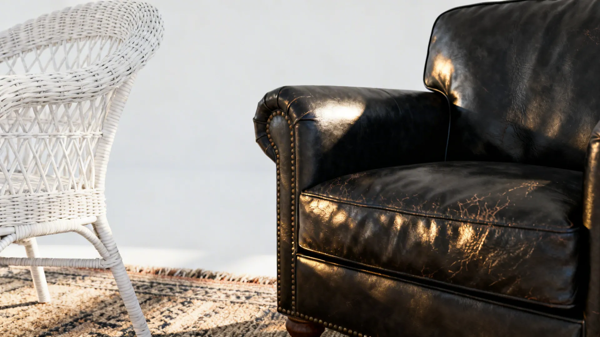 Black leather chair and white woven chair on patterned rug with white wall in sunlight