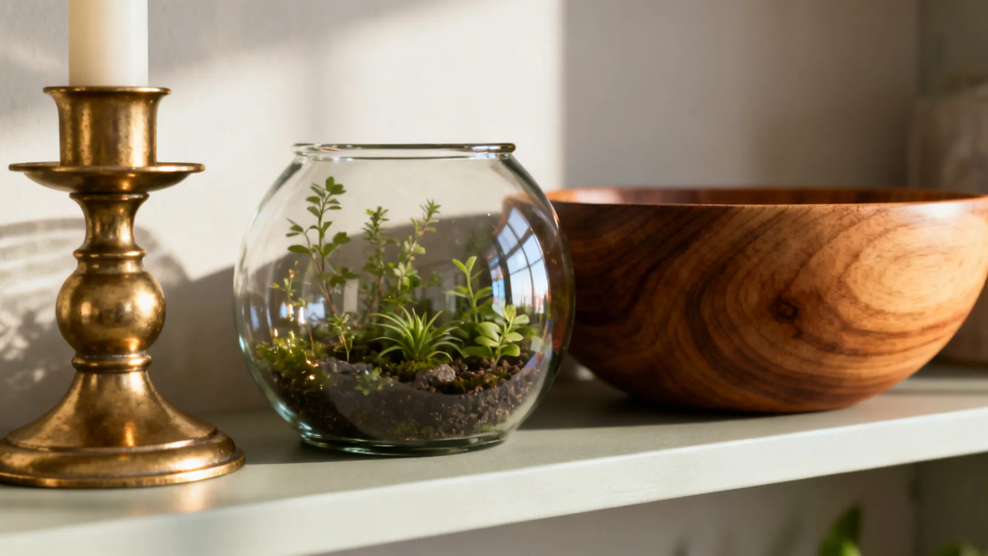 Brass candle holder small glass bowl with green plants and wooden bowl on a shelf