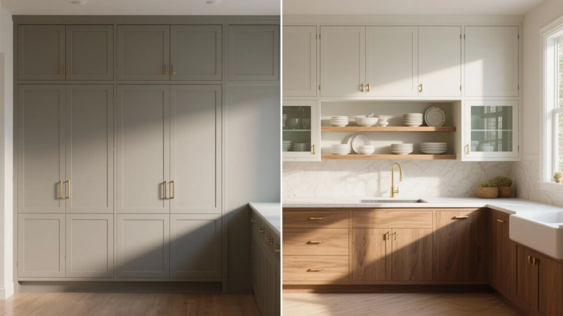 3. Mix Materials: Slab fronts, open shelving, and accents