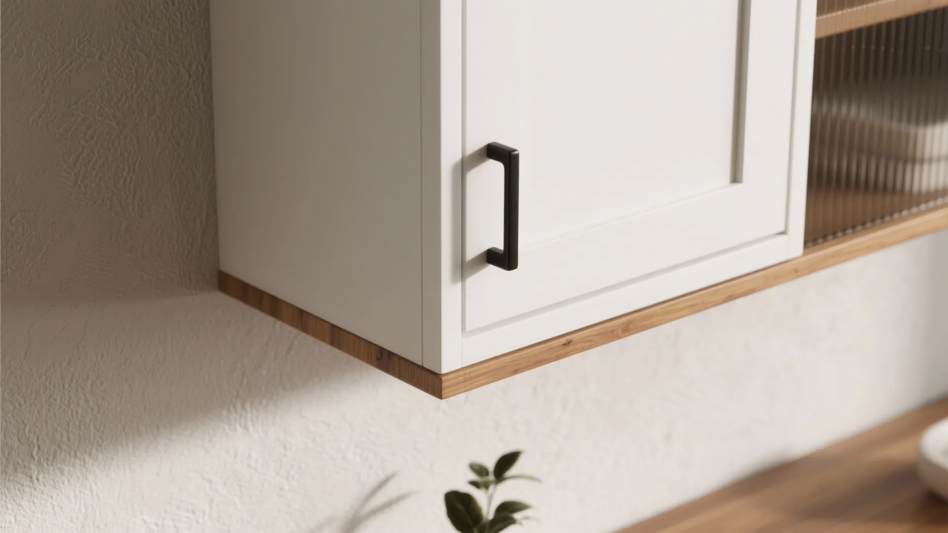 Close-up of a white cabinet with warm wood trim and a matte black handle against a slightly darker wall.