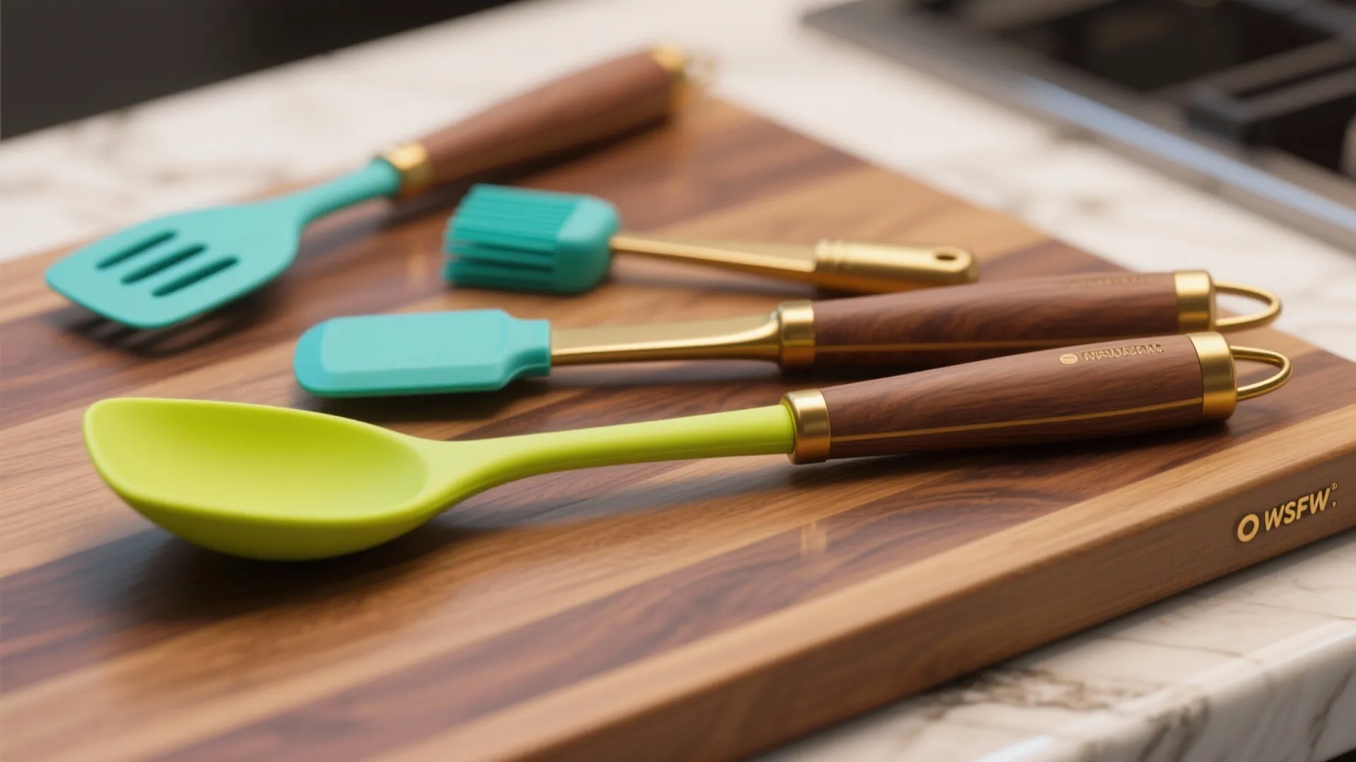 Teal and lime green silicone kitchen tools with wooden handles placed on a wooden board