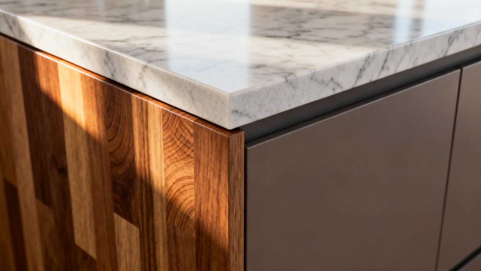 Close-up of a marble edge meeting laminate and butcher-block, showing a clean seam and complementary colors.