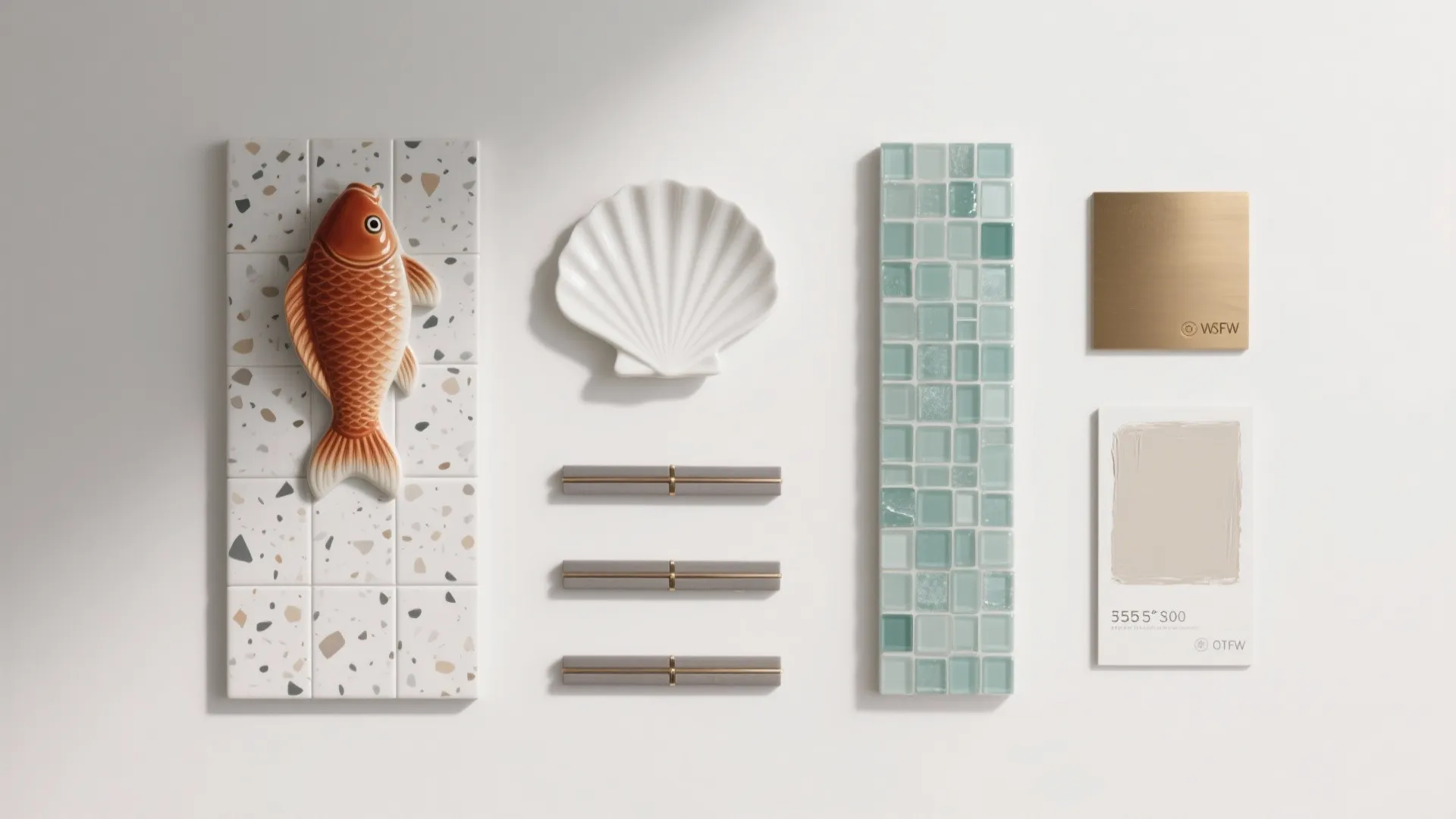 Interior design material board with terrazzo tiles shell decor green mosaics and gold metal samples