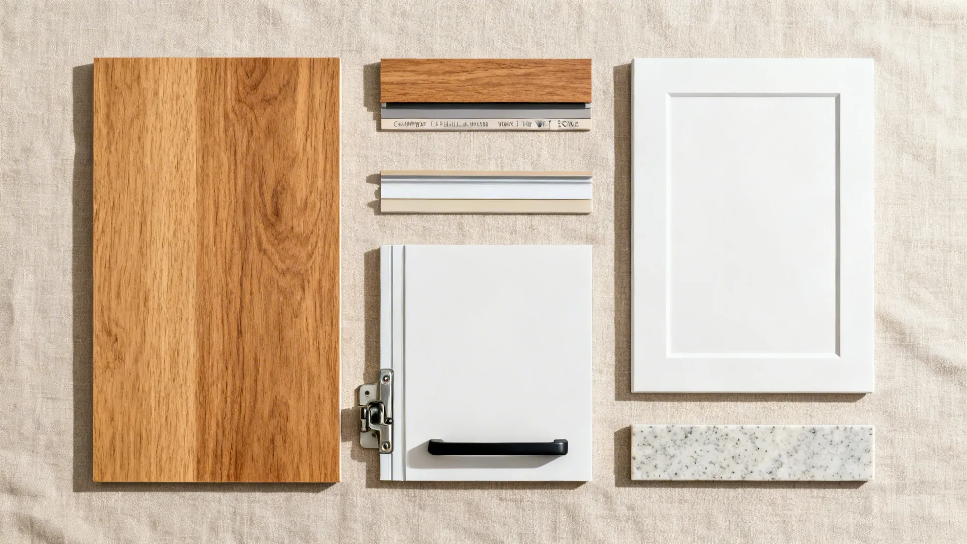 Interior design material samples with wood panels white cabinet doors marble stone and black metal handles