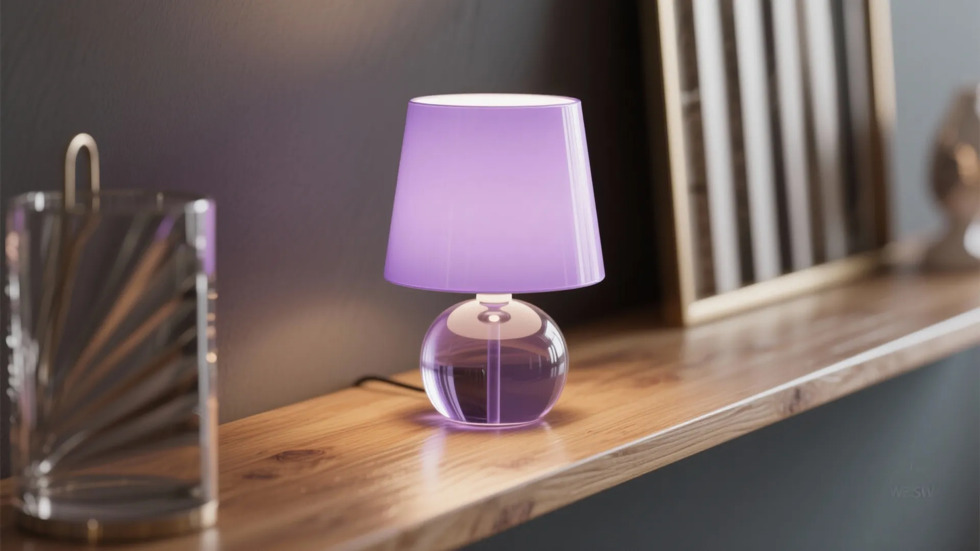 Small purple glass table lamp with a glowing shade sitting on a wooden wall shelf