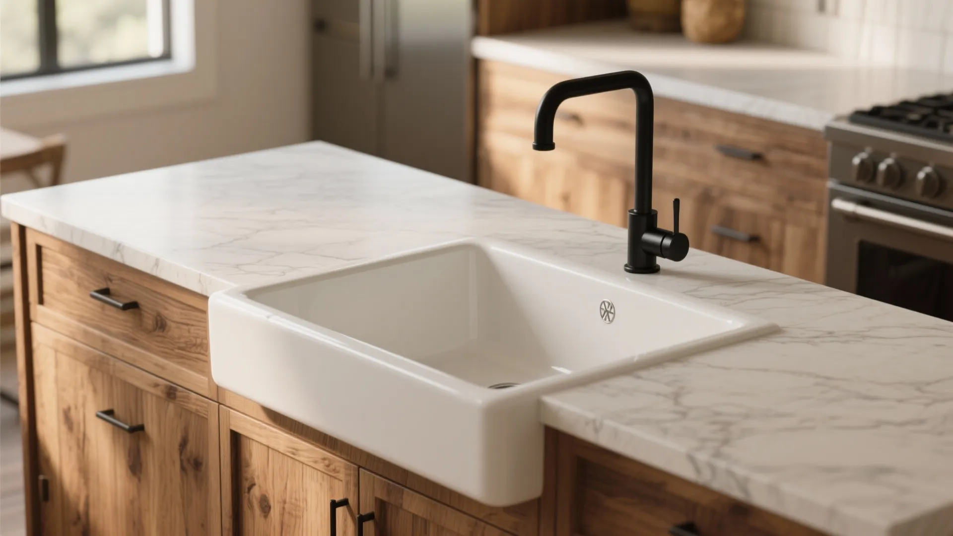 Modern kitchen island featuring white farmhouse sink black faucet marble countertop and natural wood storage cabinets