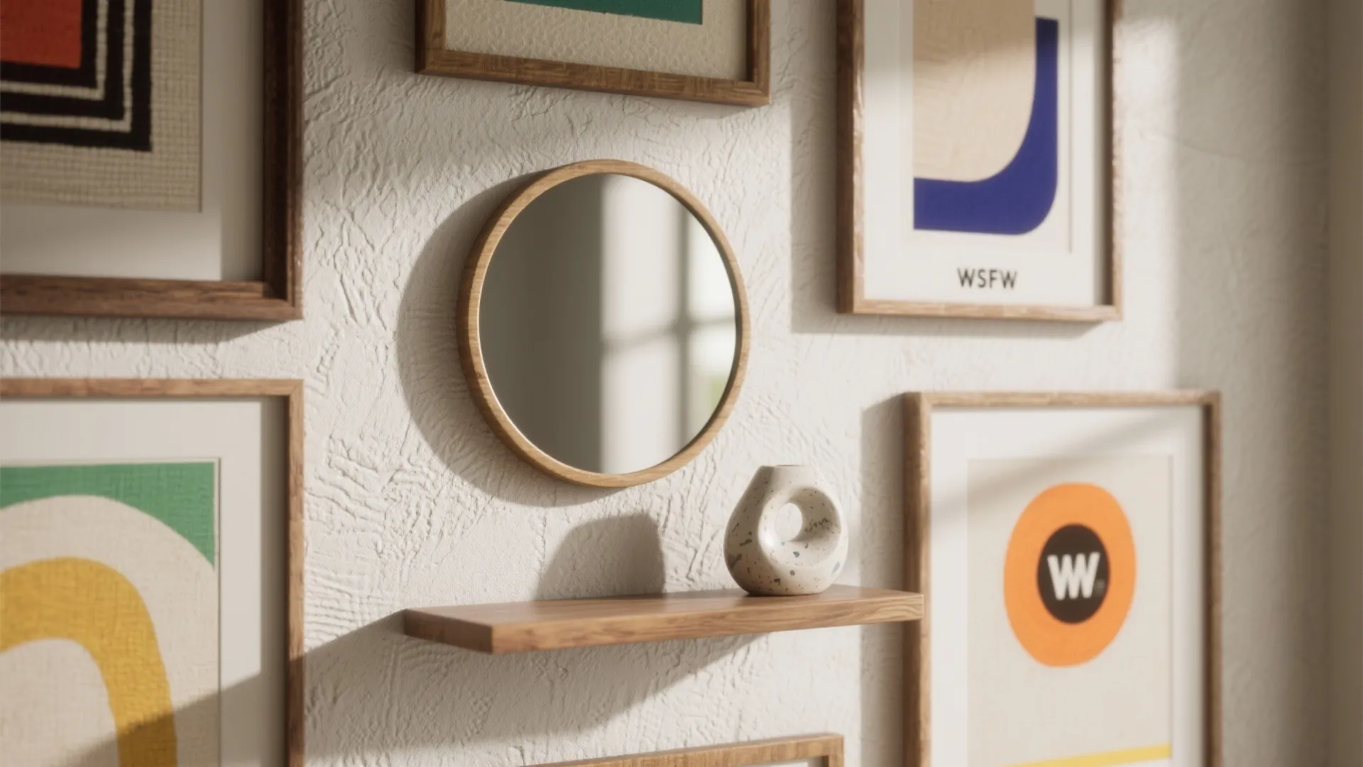 White wall with a round mirror small wooden shelf and colorful wall art in wooden frames