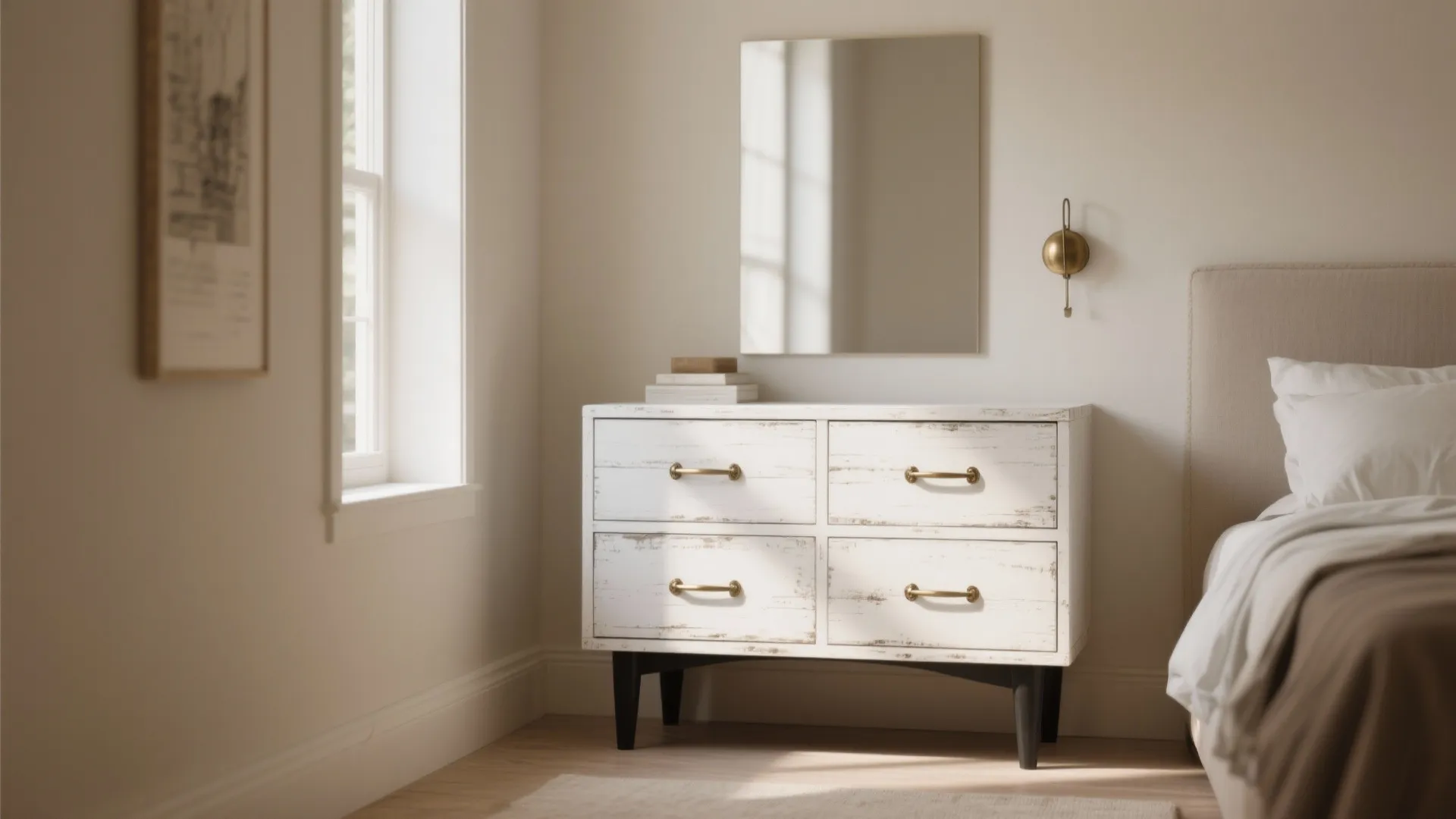 Modern bedroom with a white cabinet featuring gold handles under a square mirror and window