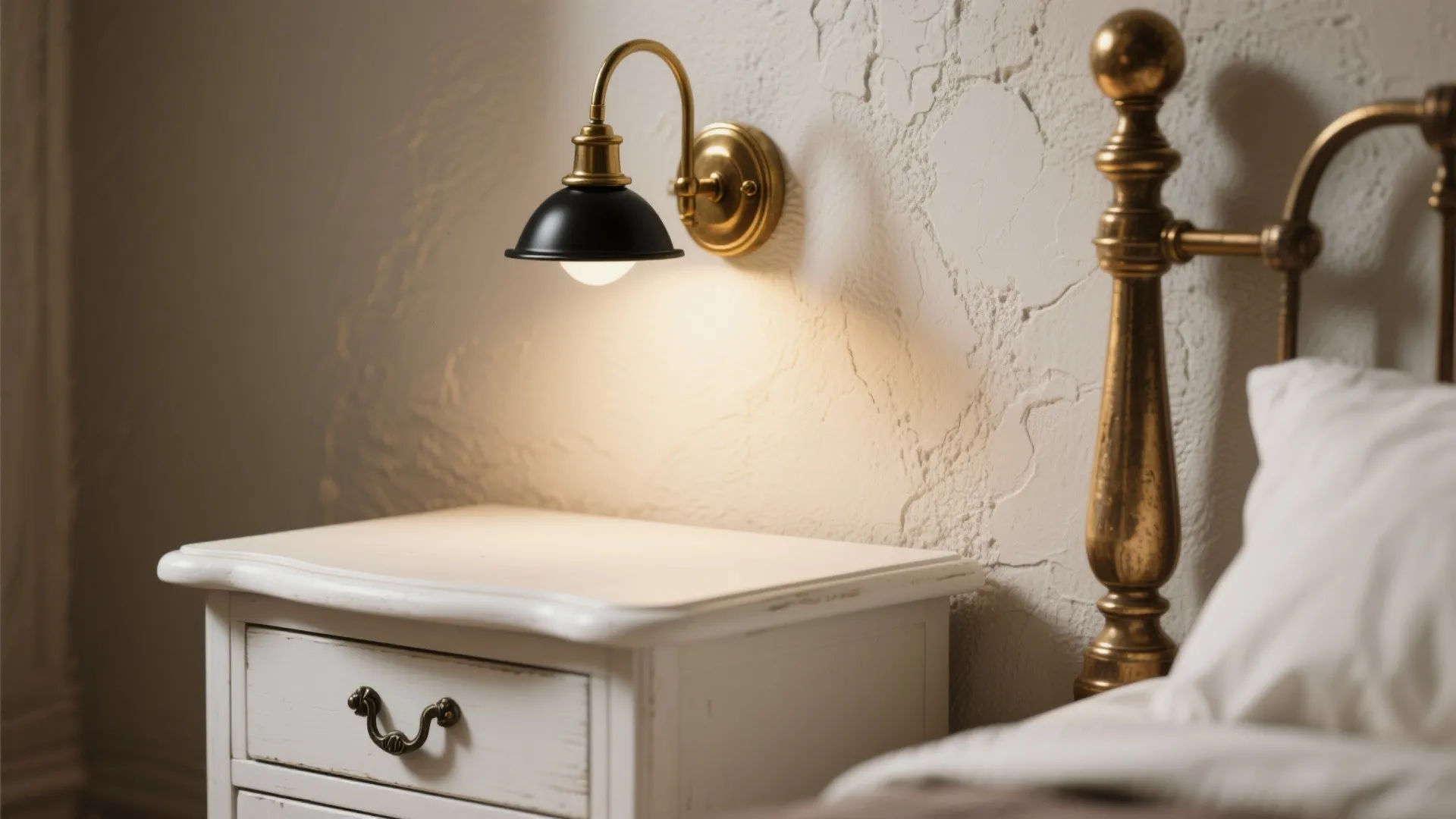 Brass sconce and matte black hardware on antique white bedside