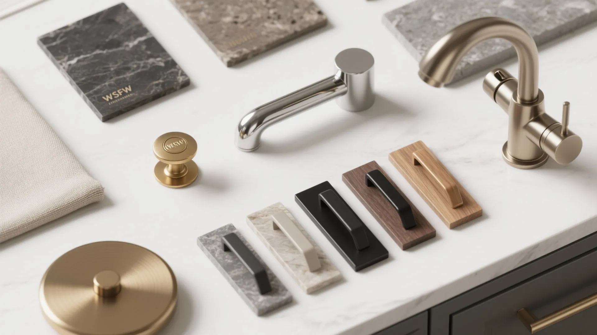 Collection of bathroom hardware metal faucets door handles and stone tile samples on white table