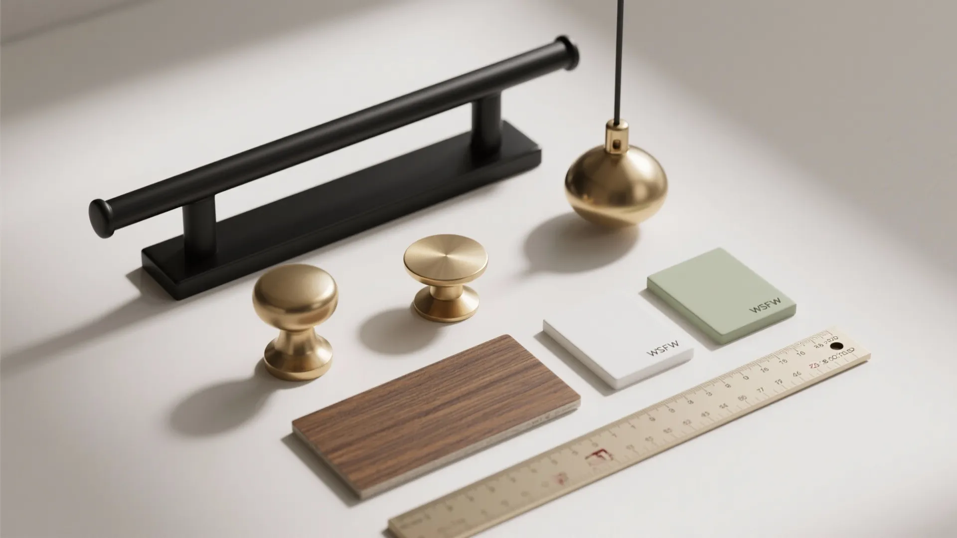 Flatlay of matte black handles, brass knobs, wood veneer and paint chips showing coordinated finishes
