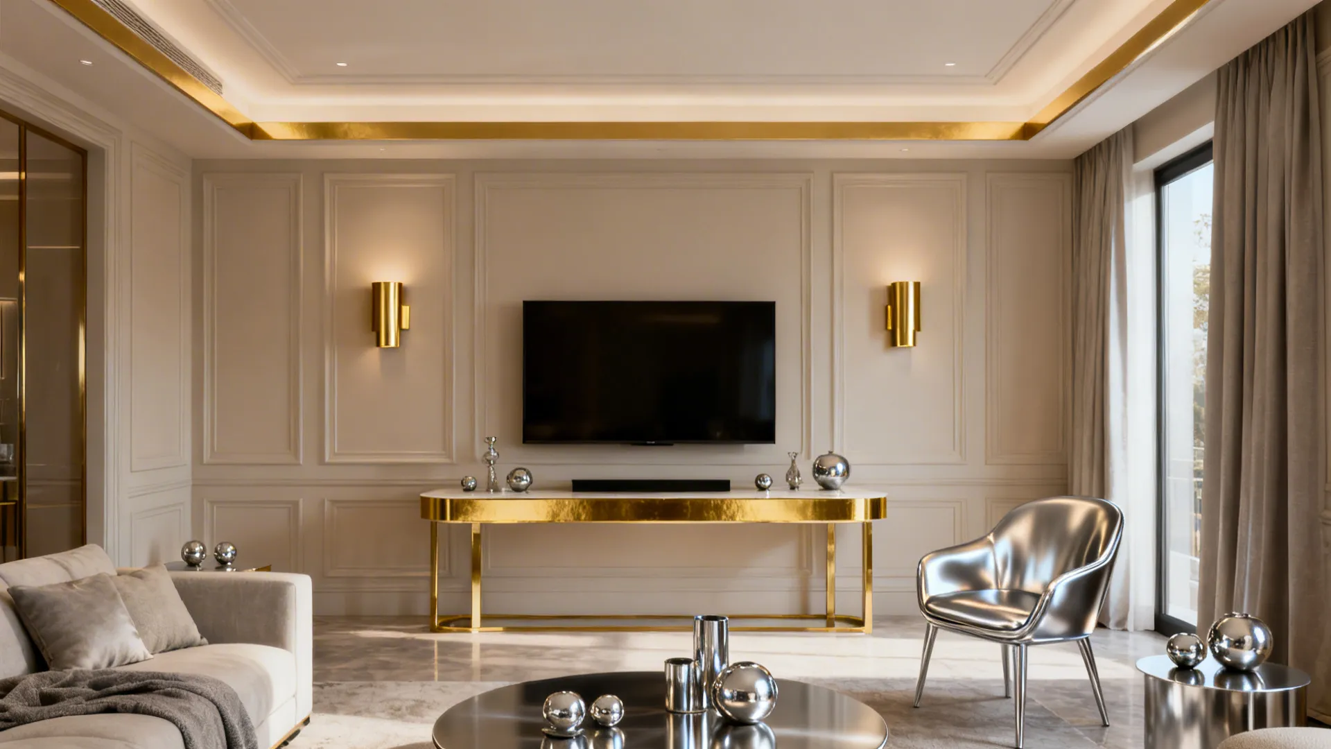 Living room showing gold as dominant metal with repeated silver accents for balance.