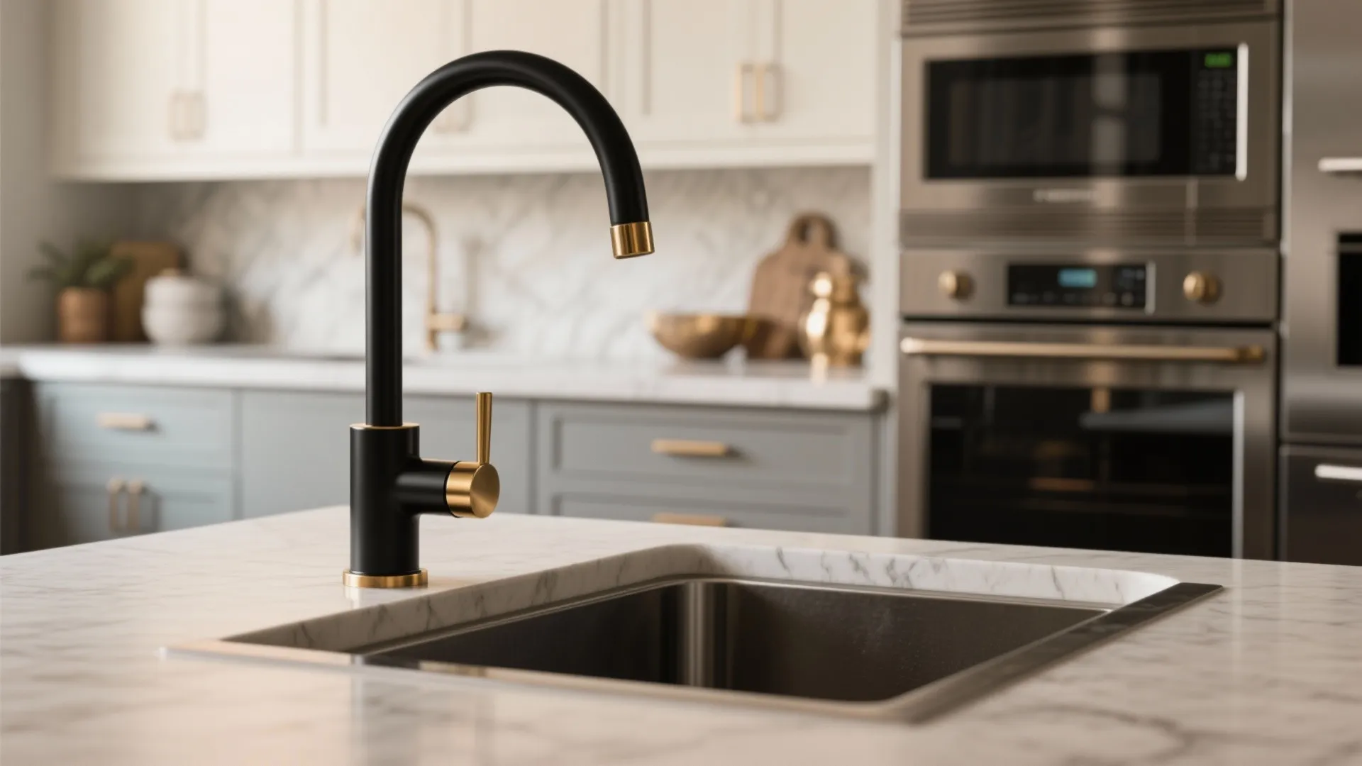 Black and gold kitchen faucet on marble island with a stainless steel oven and microwave