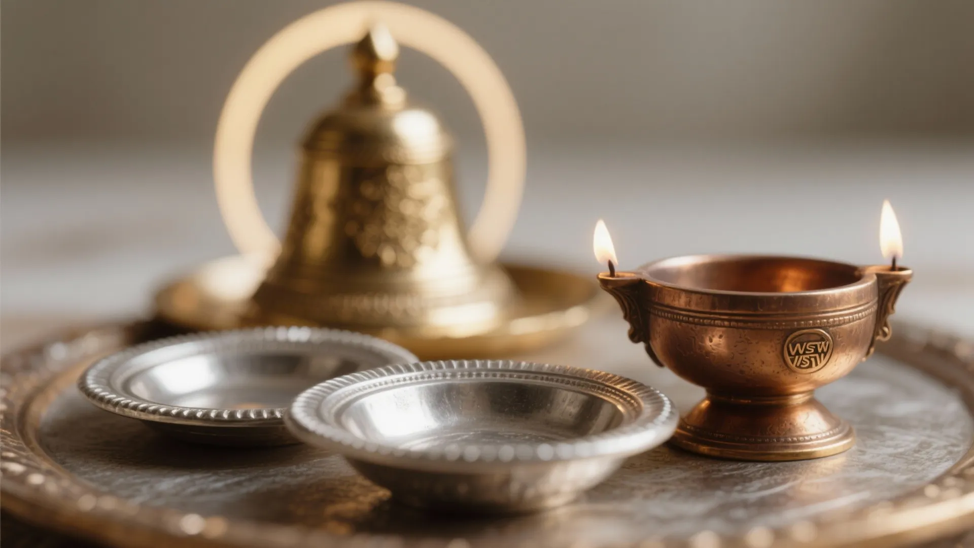 Metal tray holding two silver bowls and a copper lamp with two small bright burning flames
