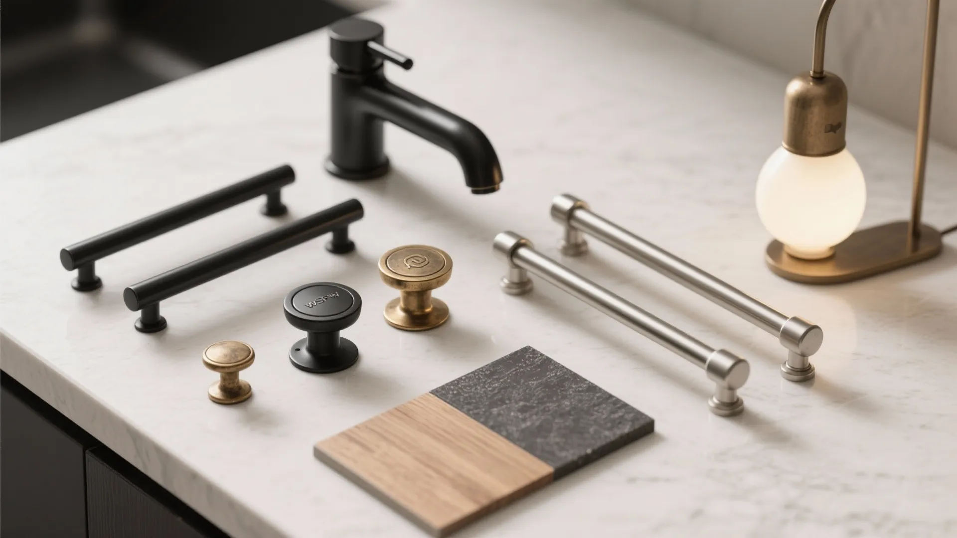 Collection of black and silver cabinet handles and knobs on a white marble kitchen counter