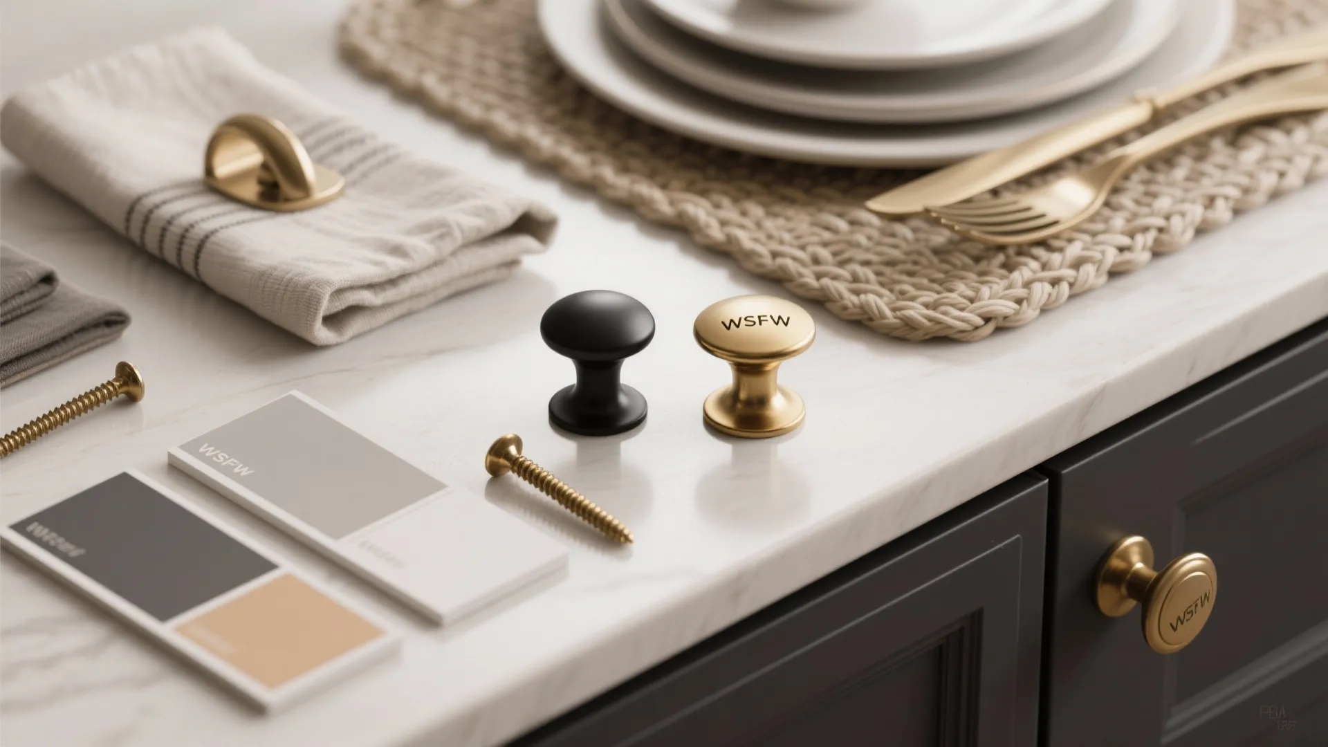 Black and gold cabinet knobs on white marble countertop with color swatches and golden cutlery
