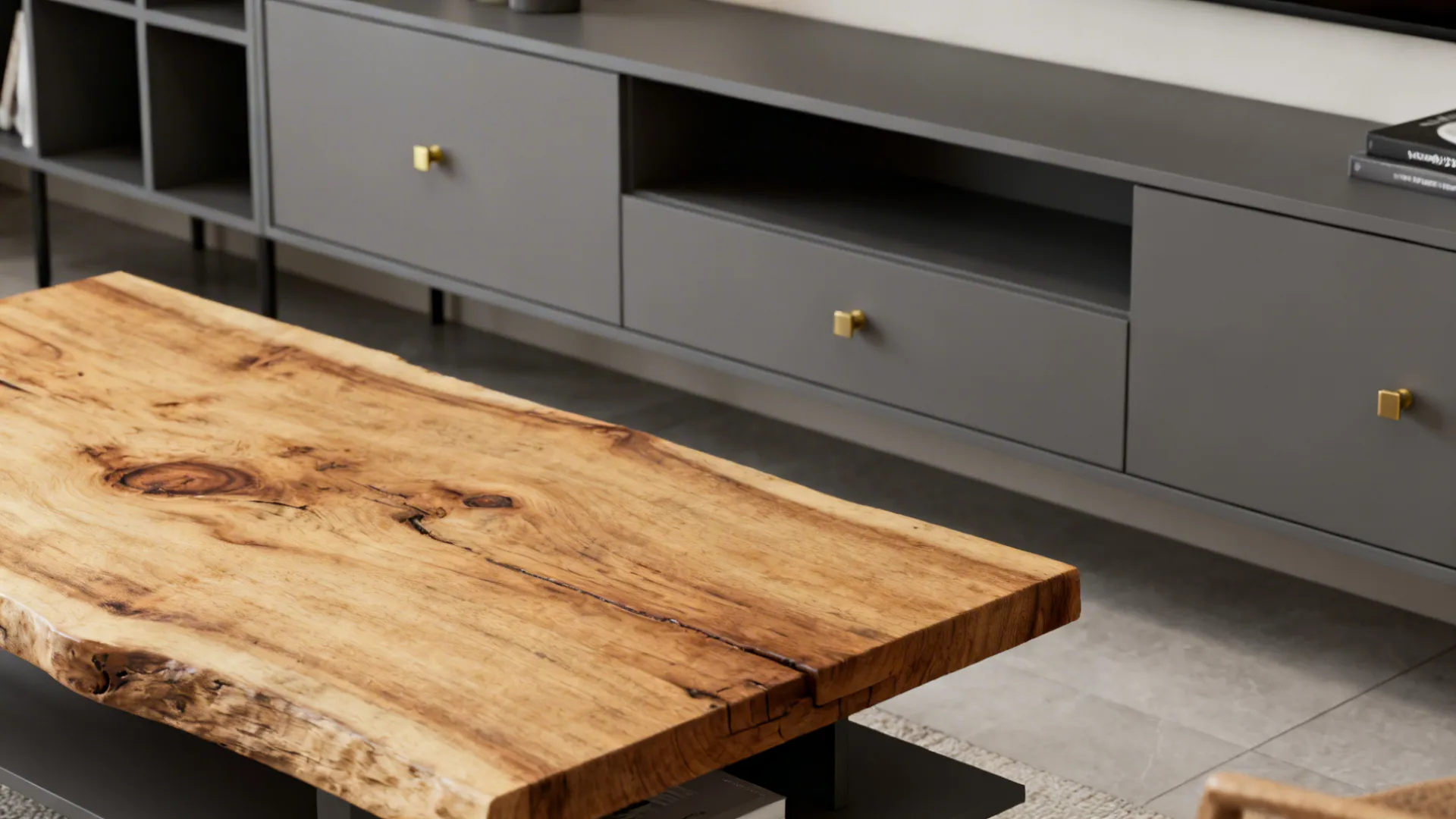 4. Mix Metals: Grey Furniture with Tan Wood Finishes