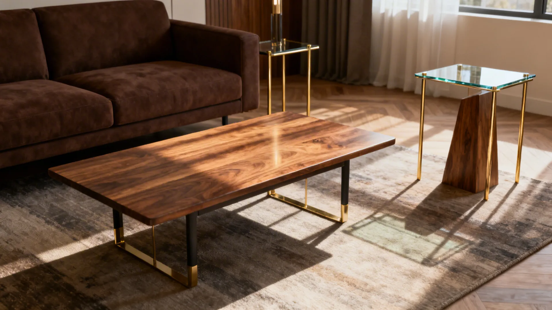Small living room with a brown couch, walnut coffee table and slim brass side tables mixing metals and wood