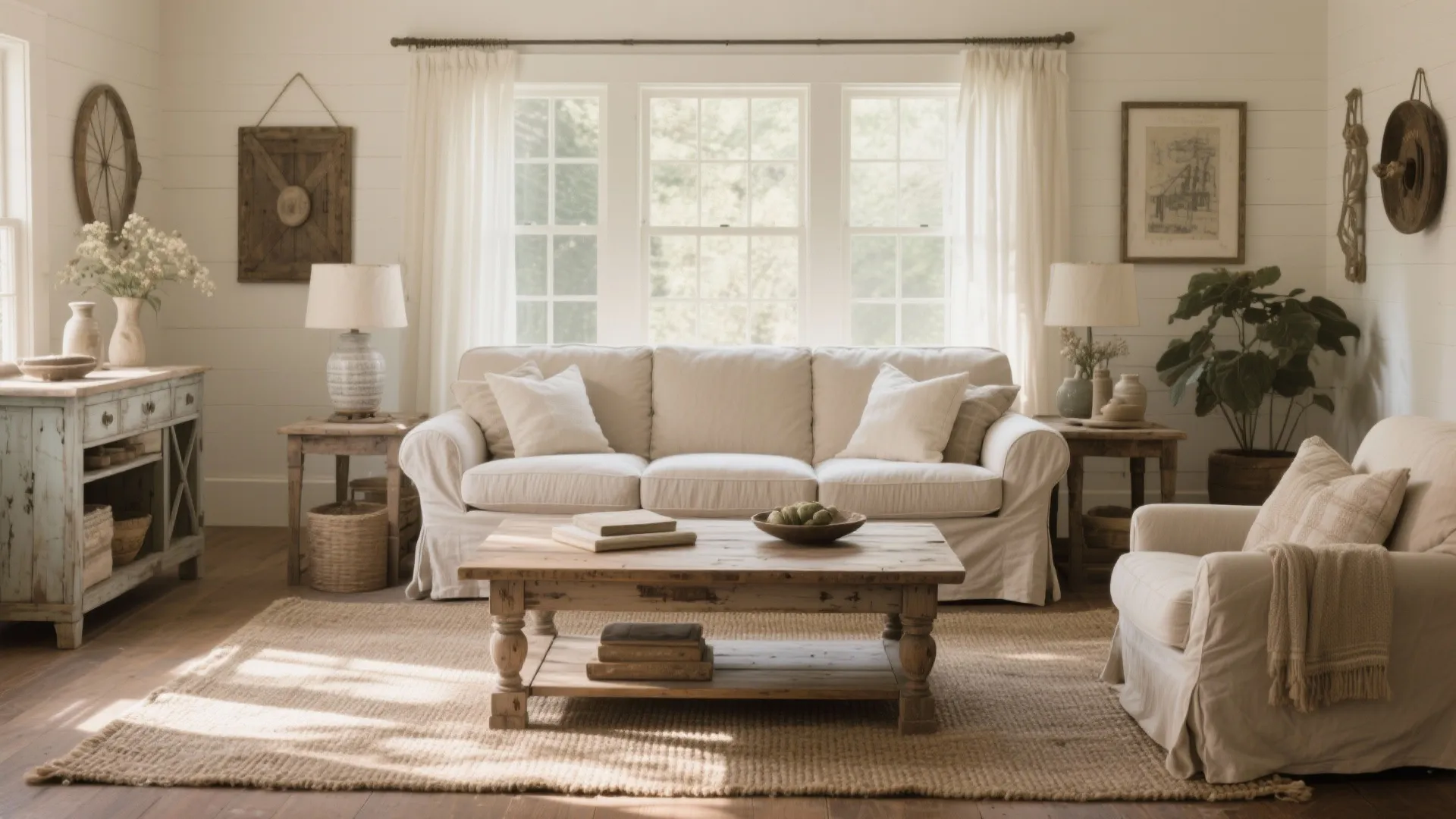 Bright rustic living room featuring cream sofa wooden coffee table white curtains and vintage wall decor