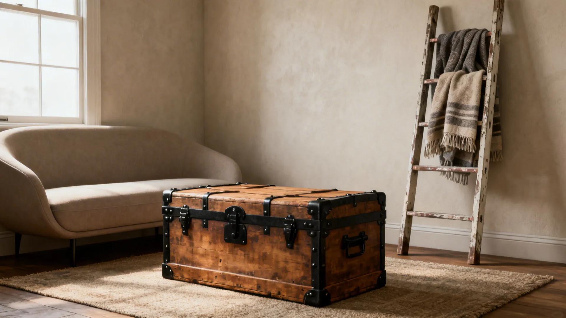 Compact living room mixing a modern sofa with a vintage trunk coffee table and black iron accents.