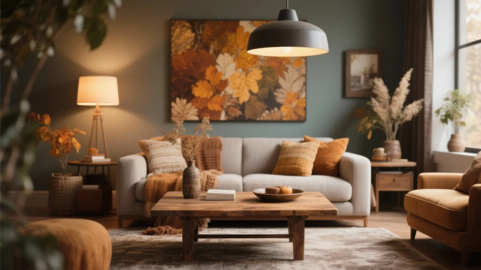 Cozy living room with grey sofa, wooden coffee table, autumn leaf art, and ceiling light