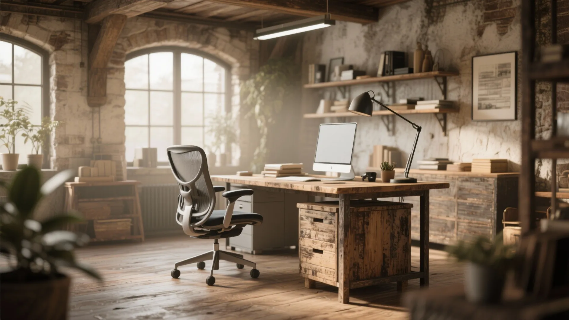 Modern office chair at wooden desk with computer in sunlit room featuring exposed brick walls